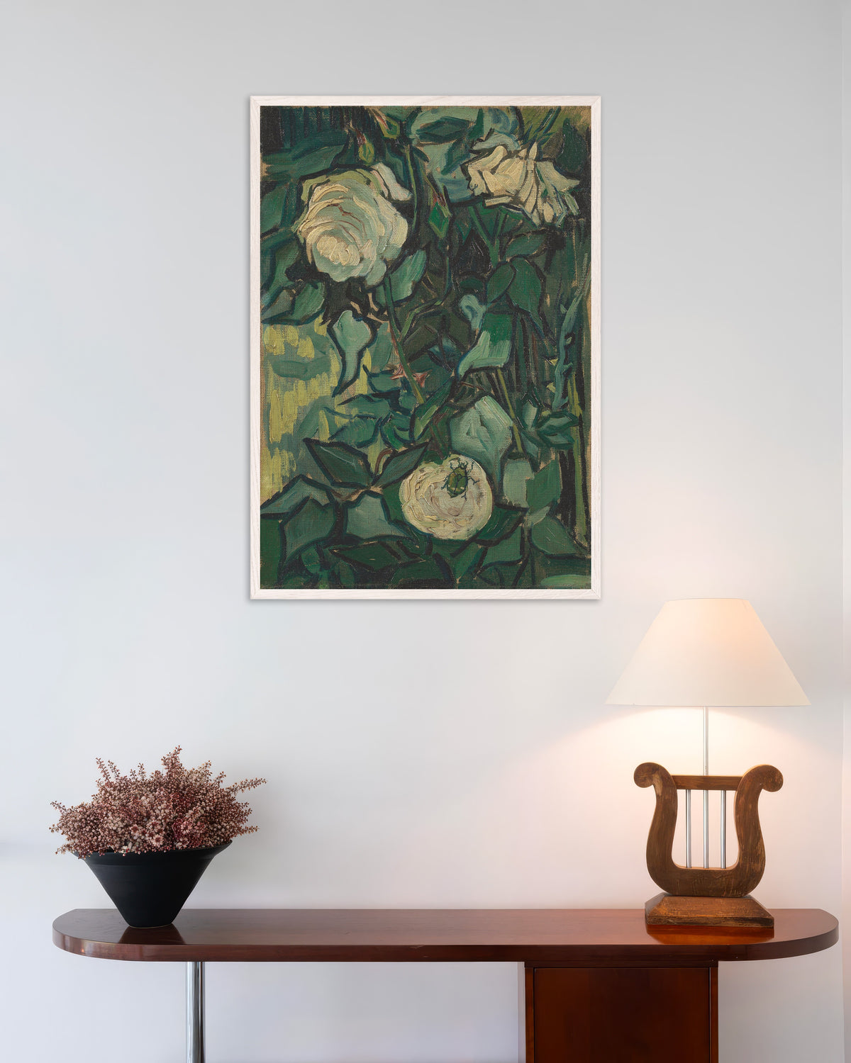 Poster di Un cespuglio di rose con uno scarabeo (1889) di Vincent van Gogh, con cornice in legno bianco