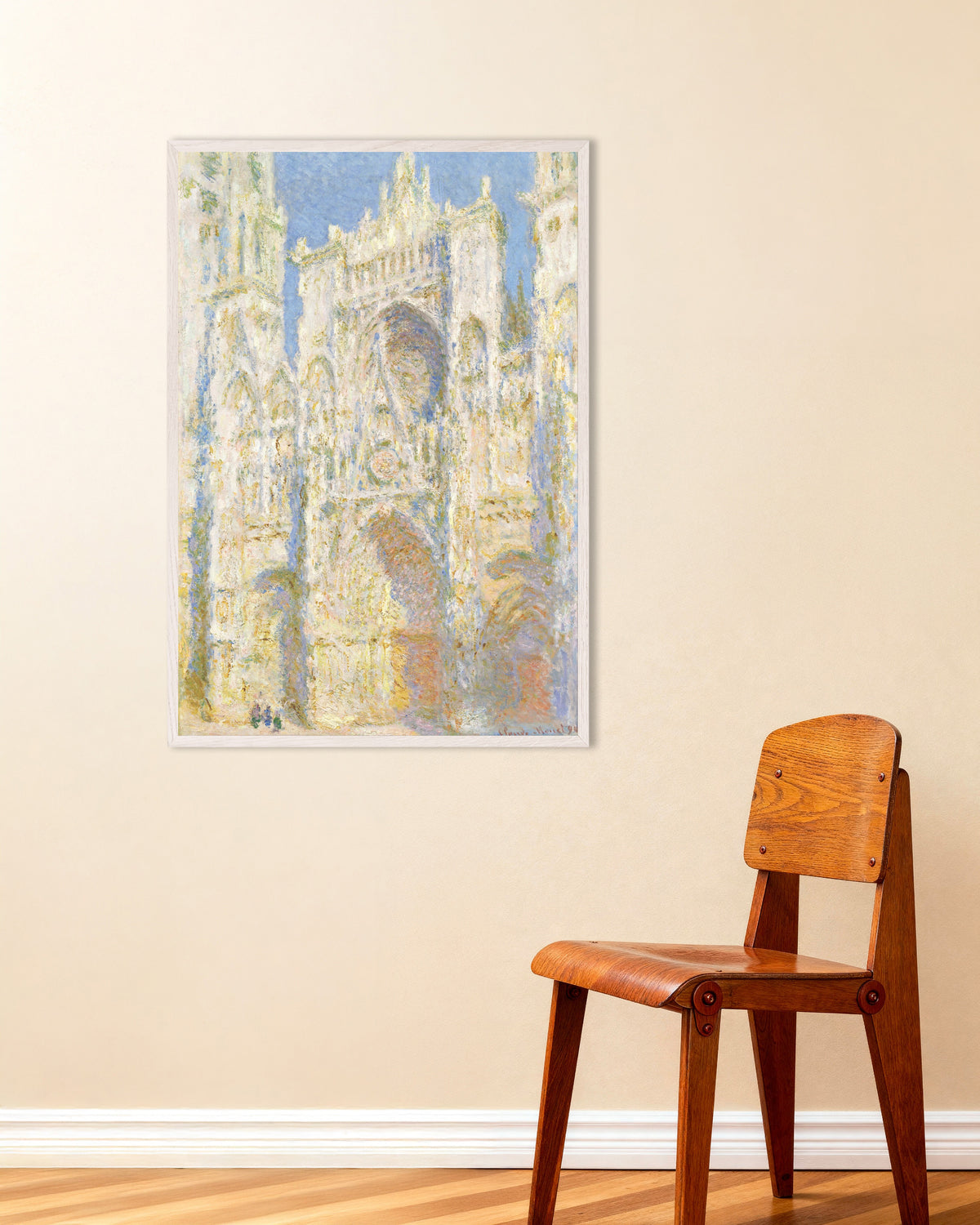 Poster La cattedrale di Rouen, facciata ovest, pieno sole (1894) di Claude Monet con cornice in legno bianco