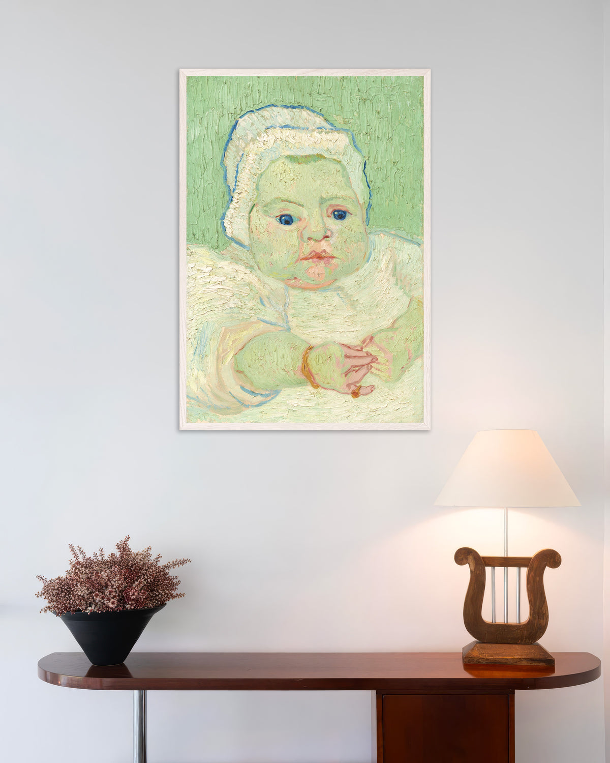 Poster di Il neonato Roulin (1888) di Vincent van Gogh, con cornice in legno bianco