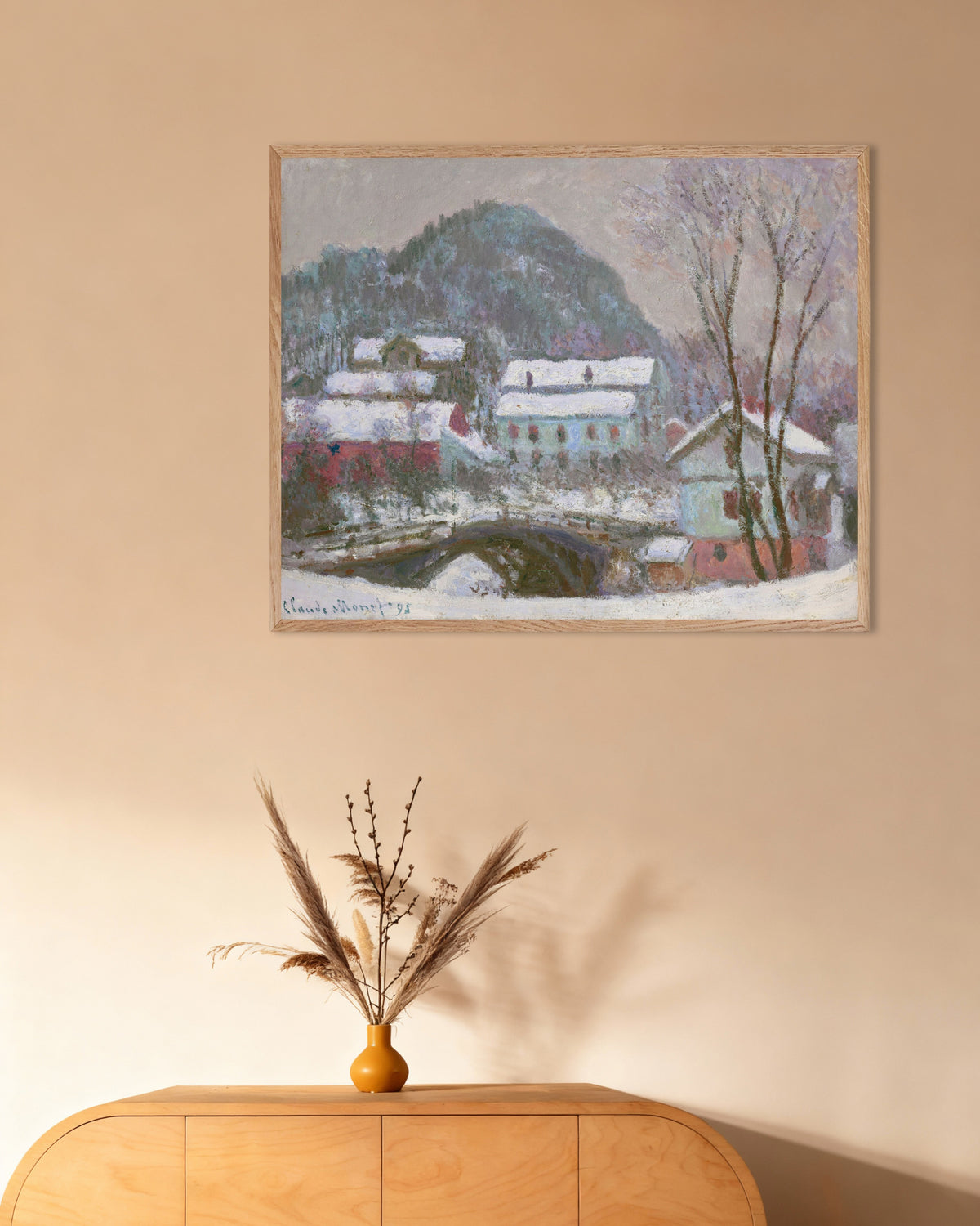Poster Sandvika, Norvegia, effetto neve (1895) di Claude Monet con cornice in legno naturale