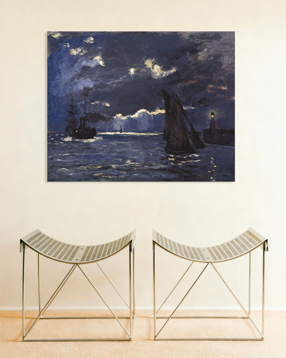 Poster Marina, navi al chiaro di luna (1864) di Claude Monet