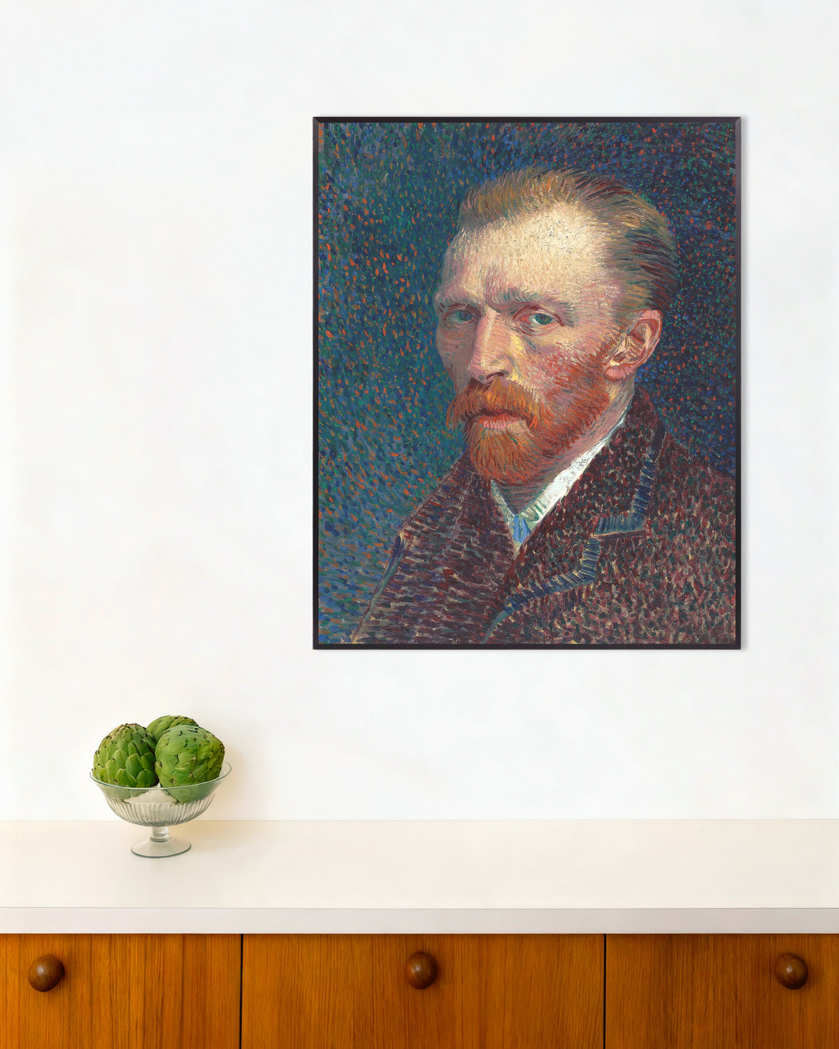 Poster di Autoritratto su sfondo blu puntinato (1887) di Vincent van Gogh, con cornice metallica