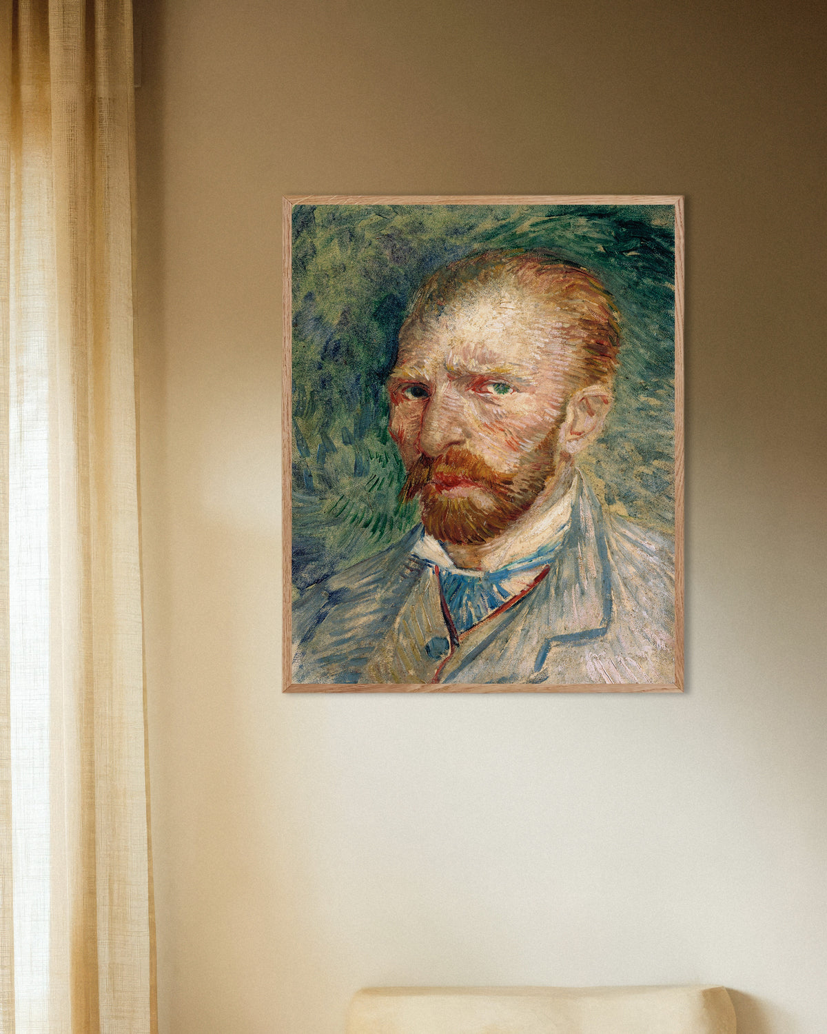 Poster di Autoritratto su sfondo verde (1886) di Vincent van Gogh, con cornice in legno naturale
