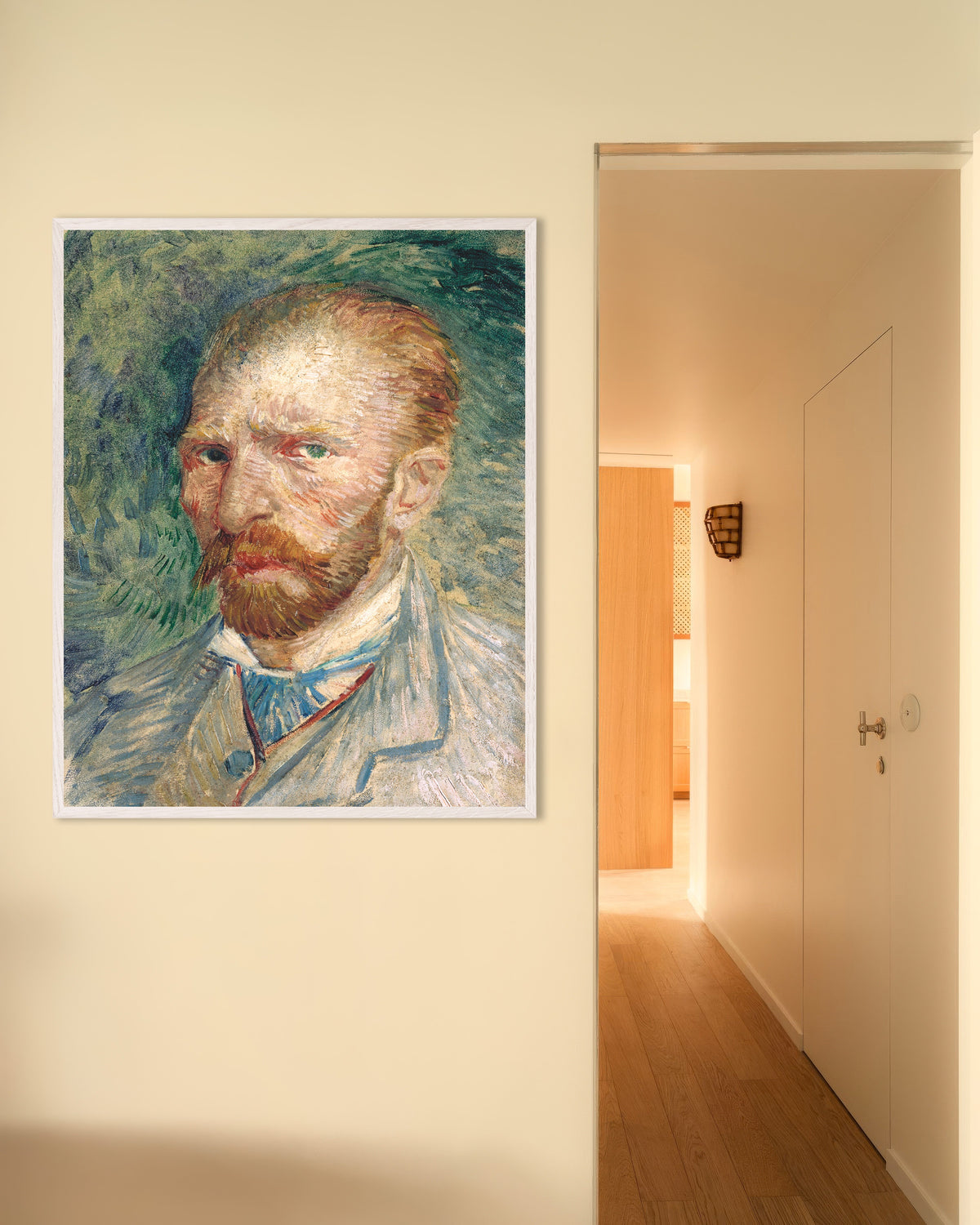 Poster di Autoritratto su sfondo verde (1886) di Vincent van Gogh, con cornice in legno bianco