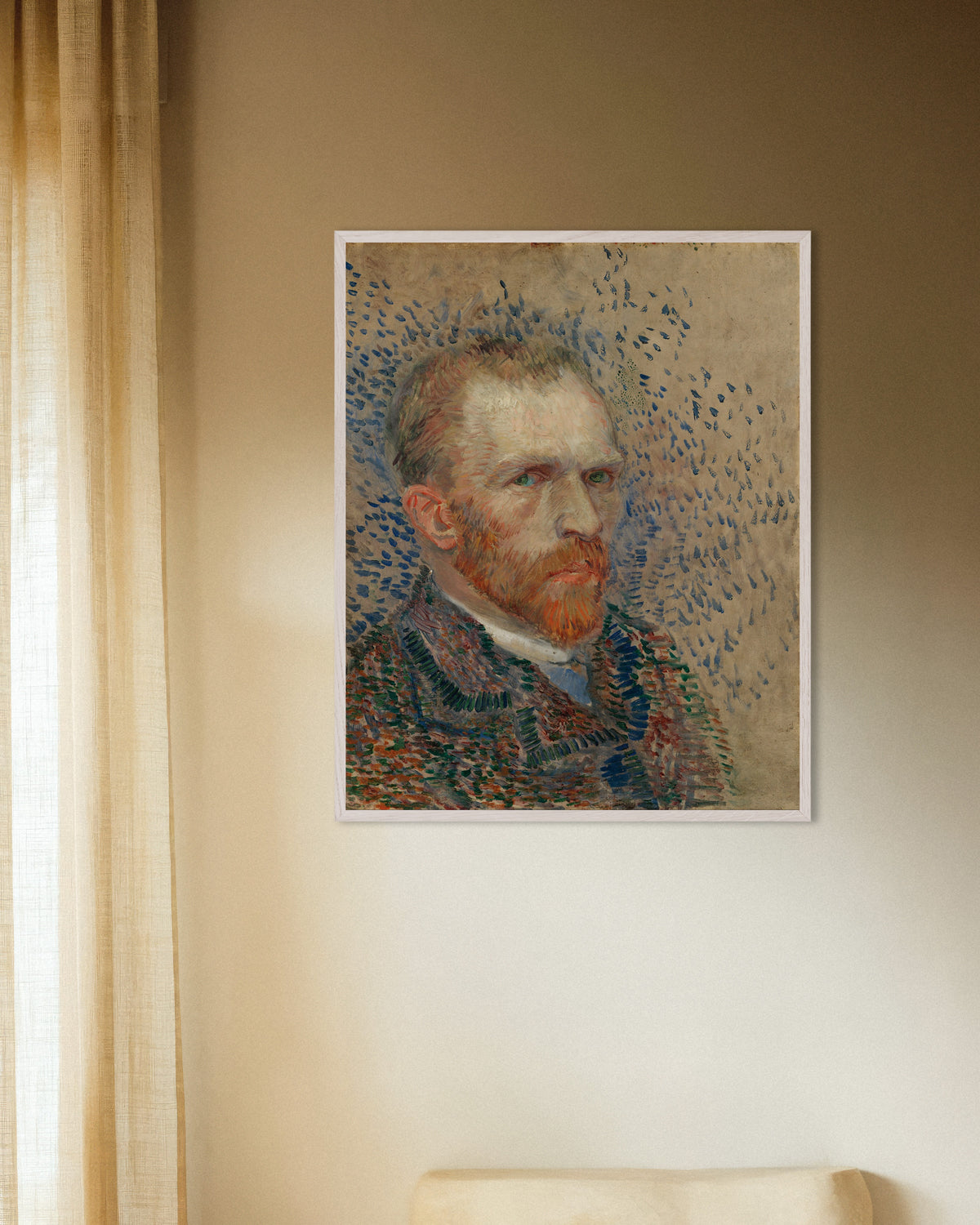 Poster di Autoritratto con tratti blu (1887) di Vincent van Gogh, con cornice in legno bianco