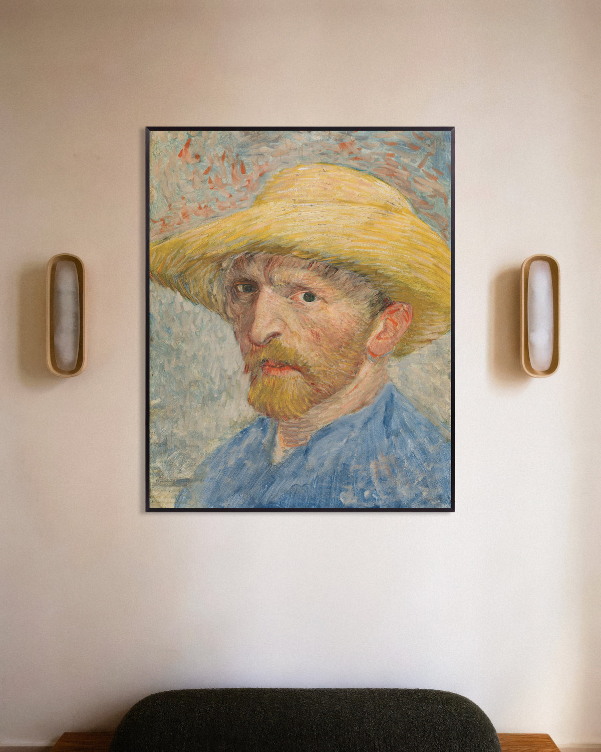 Poster di Autoritratto con cappello di paglia e blusa blu (1887) di Vincent van Gogh, con cornice in metallo
