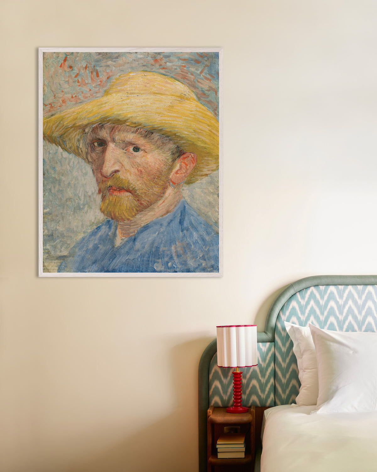 Poster di Autoritratto con cappello di paglia e blusa blu (1887) di Vincent van Gogh, con cornice in legno bianco