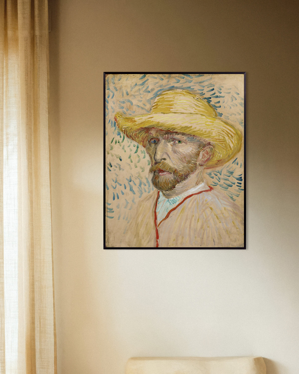 Poster di Autoritratto con cappello di paglia e camiciotto da pittore (1887) di Vincent van Gogh, con cornice metallica