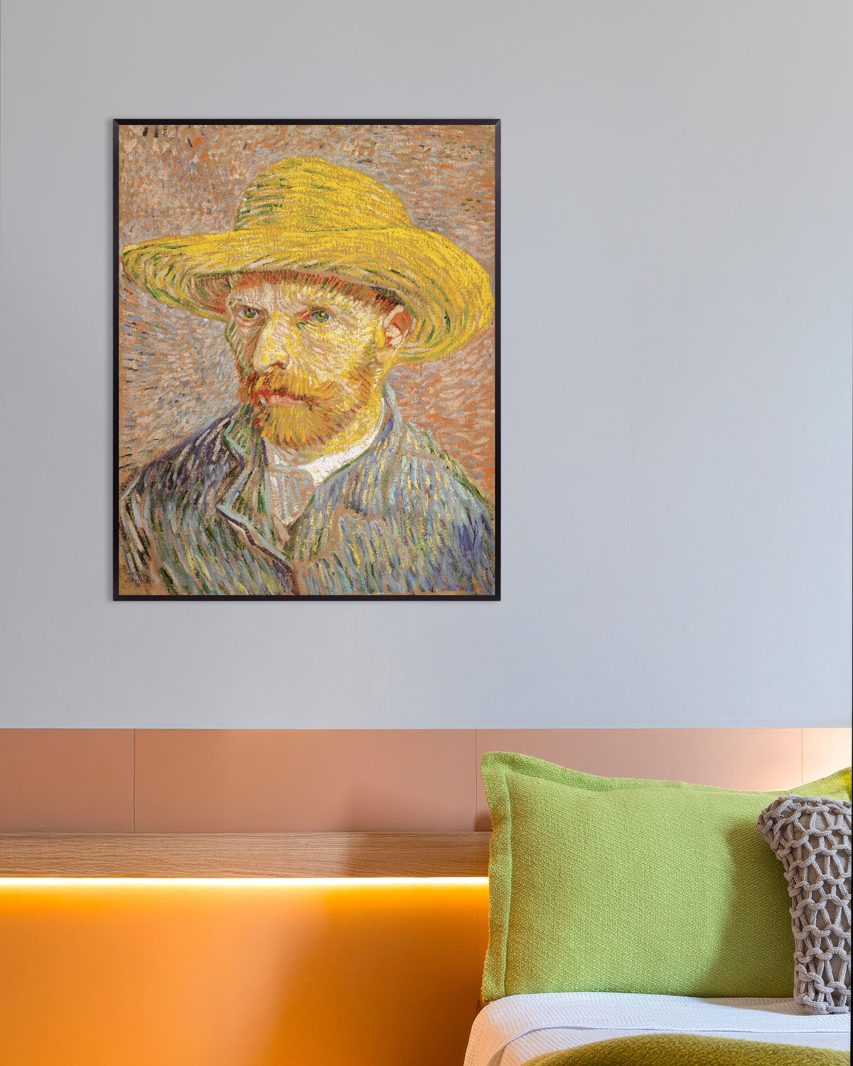 Poster di Autoritratto con cappello di paglia su fondo arancione (1887) di Vincent van Gogh, con cornice metallica