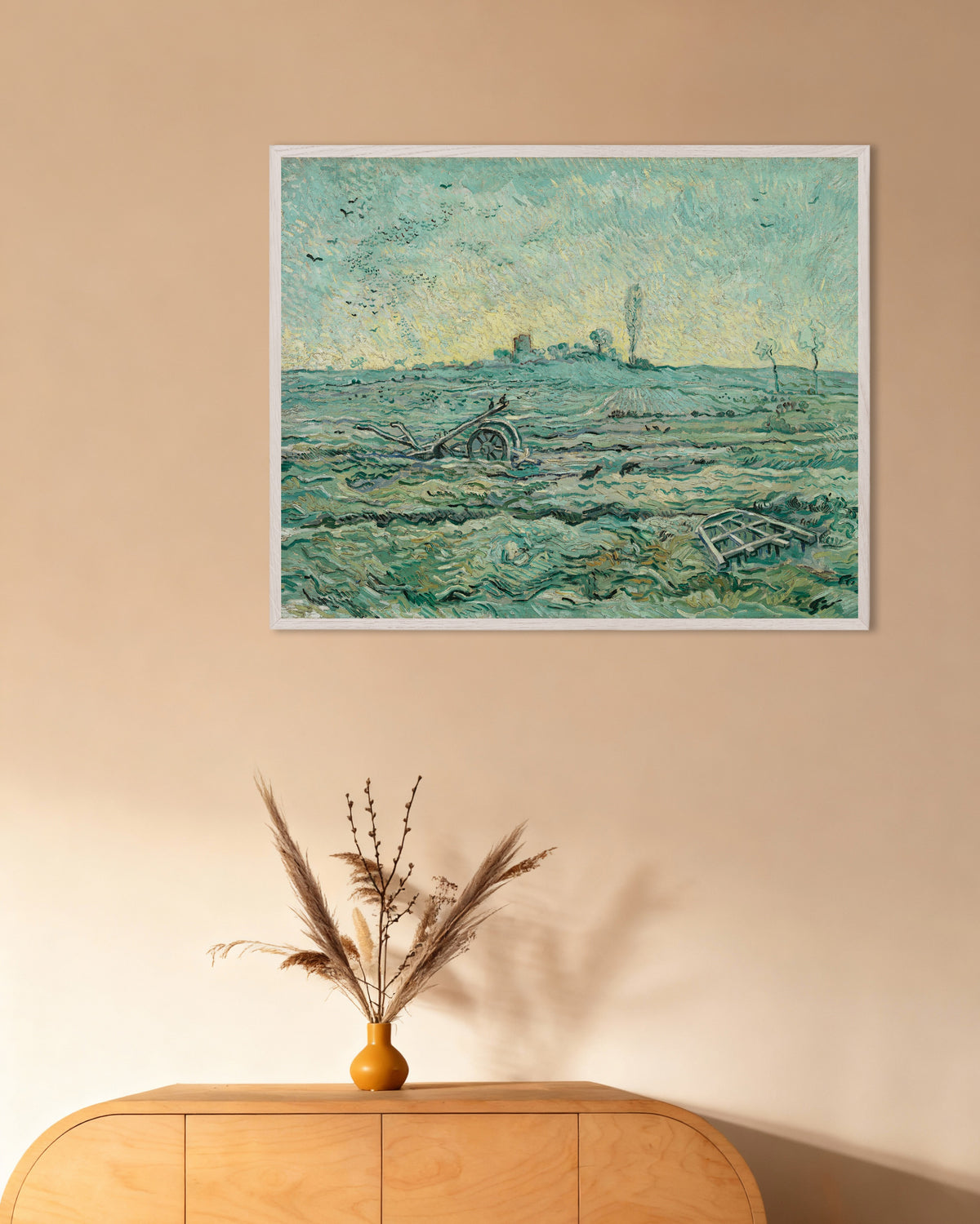 Poster di Campo innevato con un erpice, da Millet (1890) di Vincent van Gogh, con cornice in legno bianco