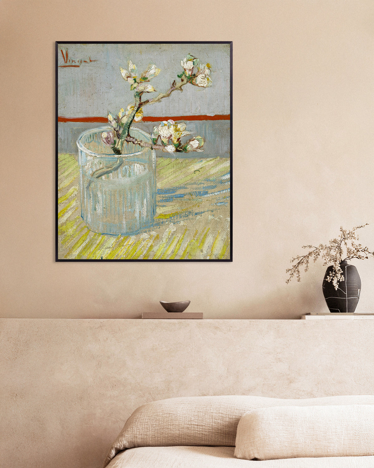 Poster di Ramo di mandorlo in fiore in un bicchiere (1888) di Vincent van Gogh, con cornice metallica