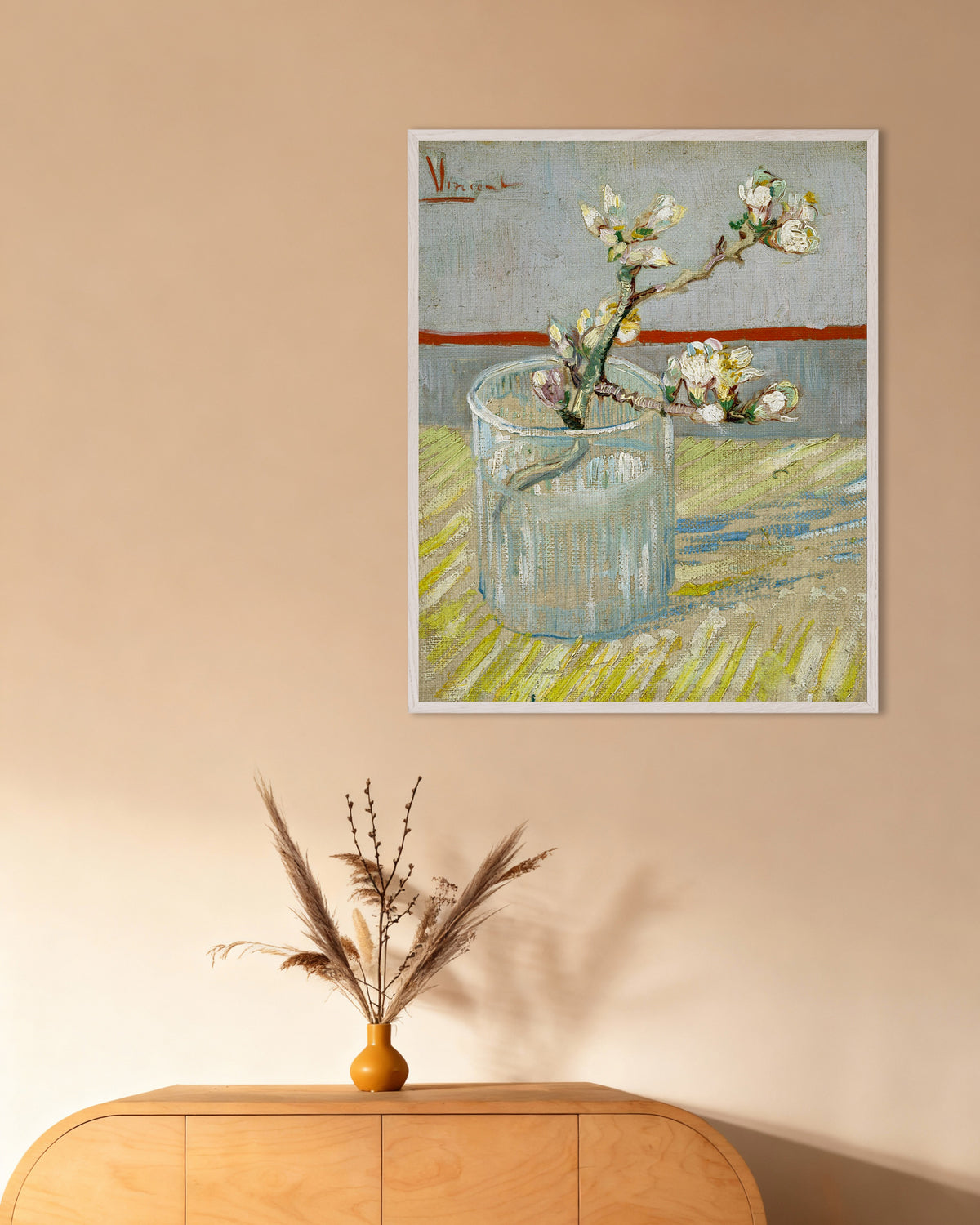 Poster di Ramo di mandorlo in fiore in un bicchiere (1888) di Vincent van Gogh, con cornice in legno bianco