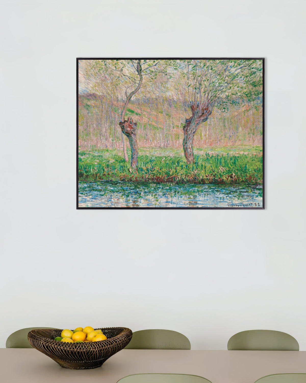 Poster Primavera, salici (1885) di Claude Monet con cornice in metallo