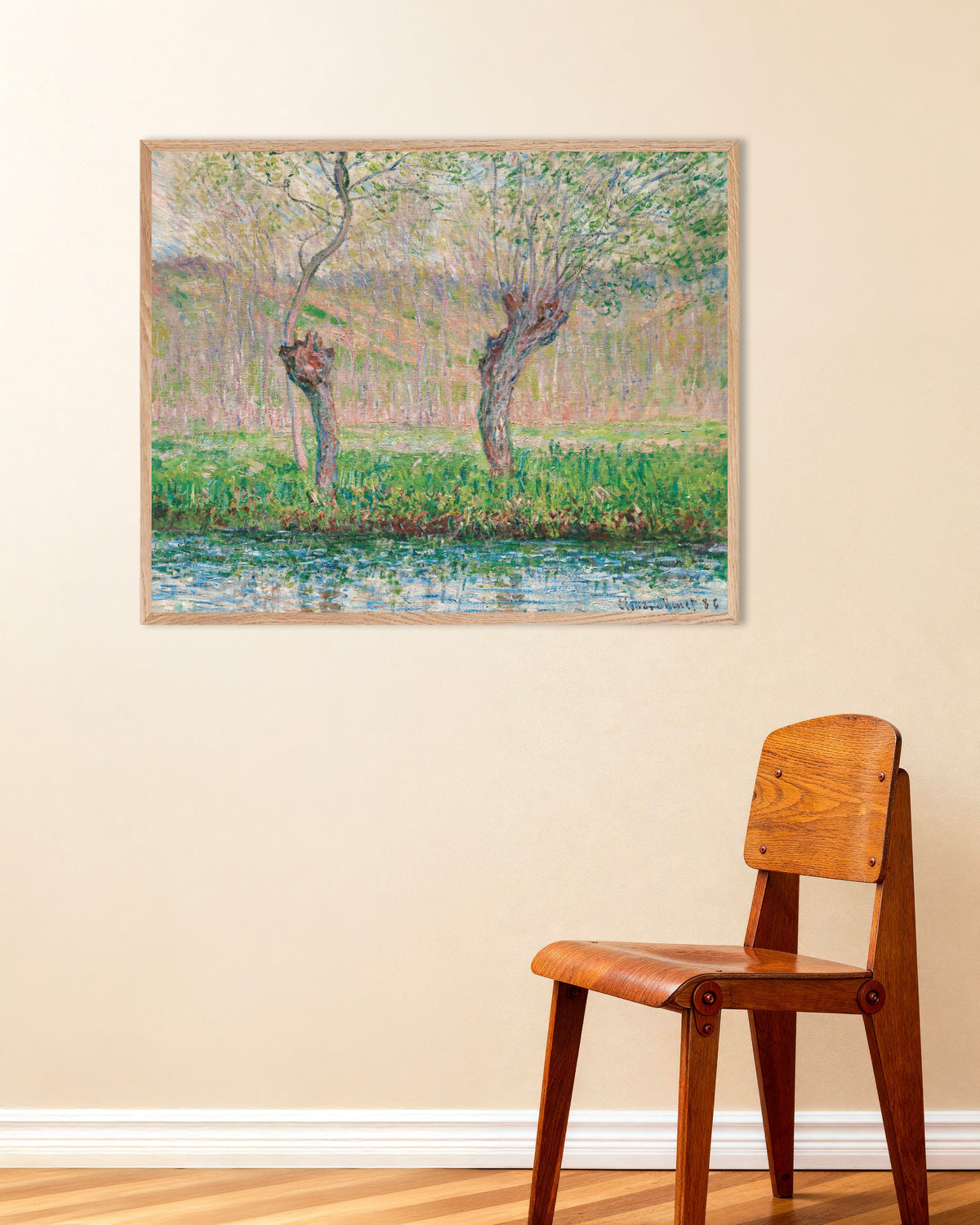 Poster Primavera, salici (1885) di Claude Monet con cornice in legno naturale