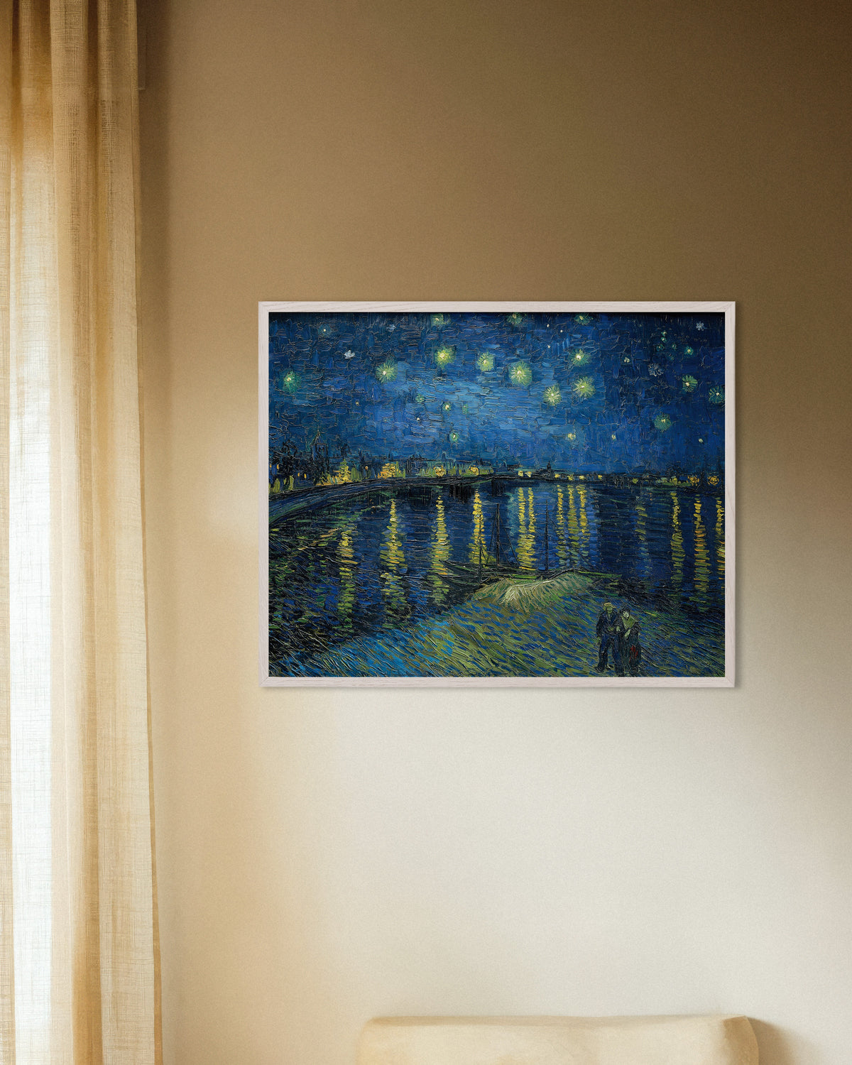 Poster di Notte stellata sul Rodano (1888) di Vincent van Gogh, con cornice in legno bianco
