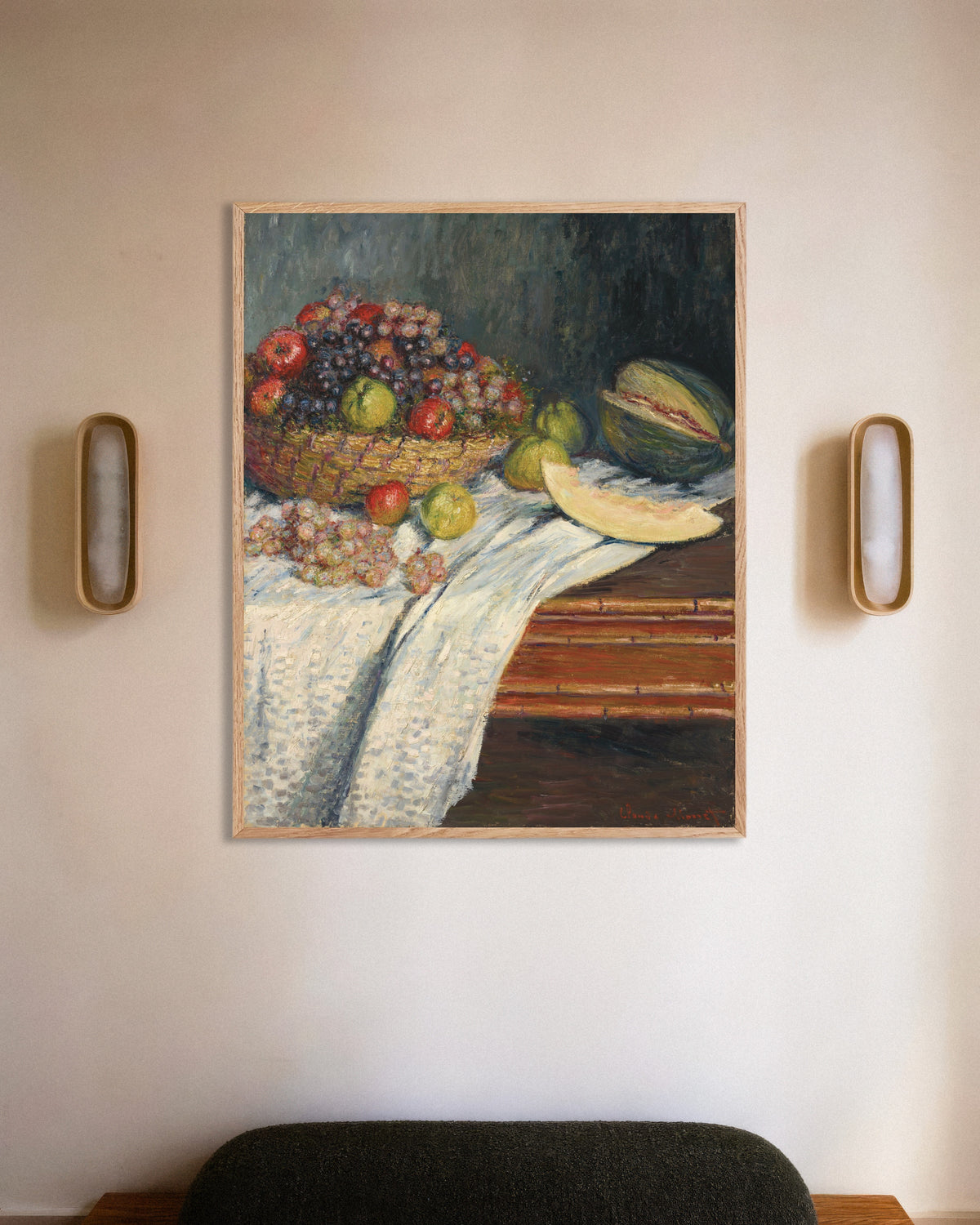 Poster Natura morta con melone (1879) di Claude Monet con cornice in legno naturale
