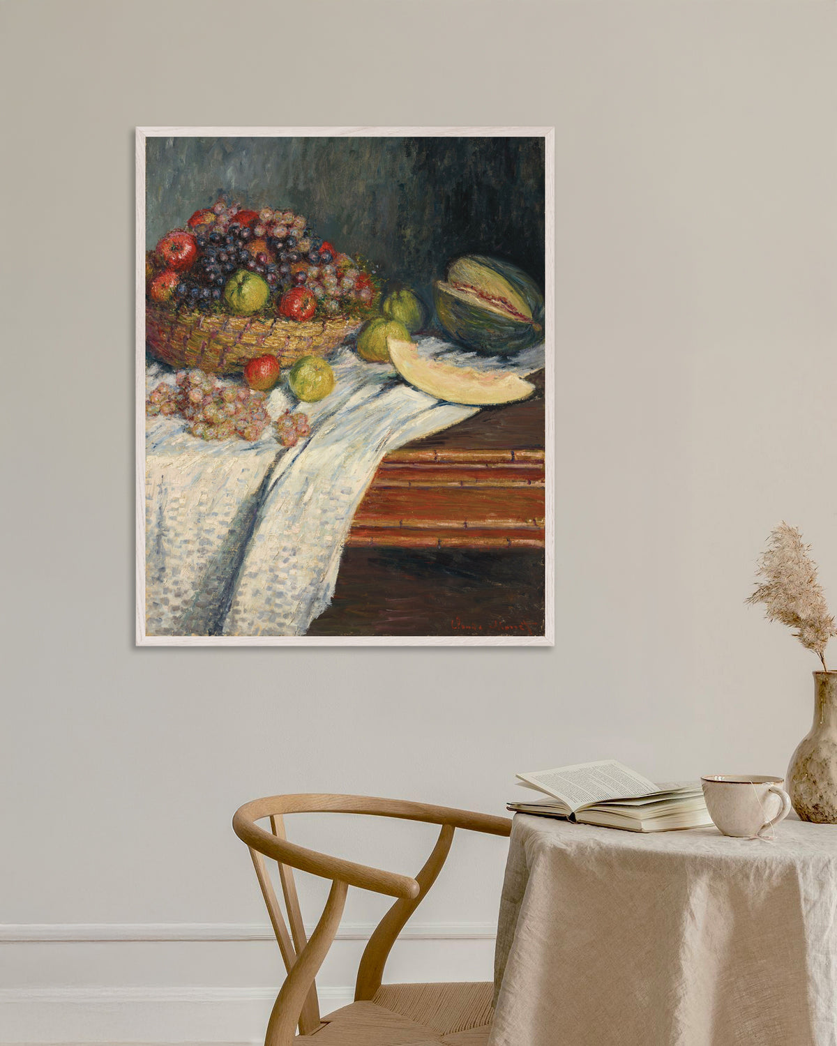 Poster Natura morta con melone (1879) di Claude Monet con cornice in legno bianco