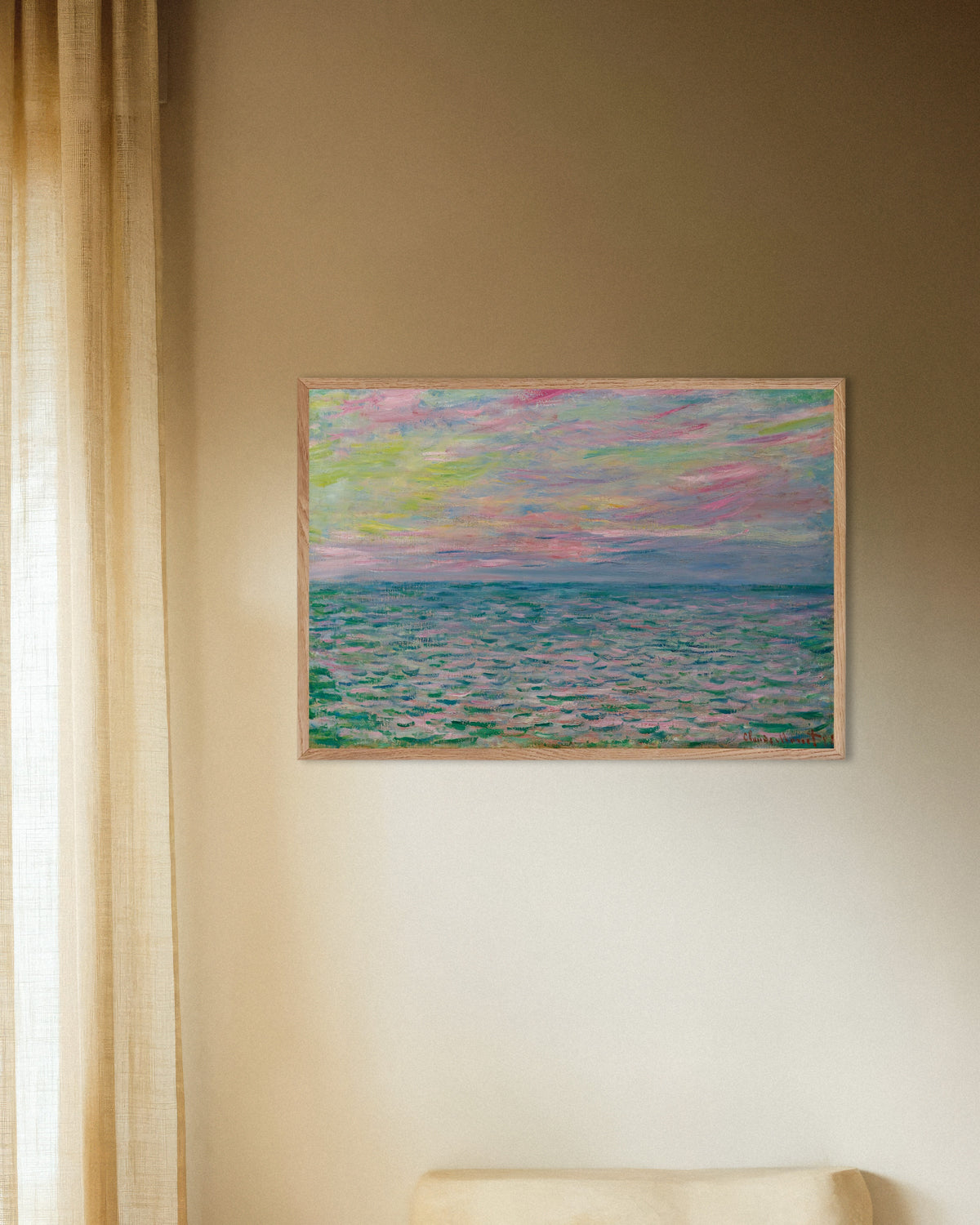 Poster Tramonto a Pourville, mare aperto (1882) di Claude Monet con cornice in legno naturale