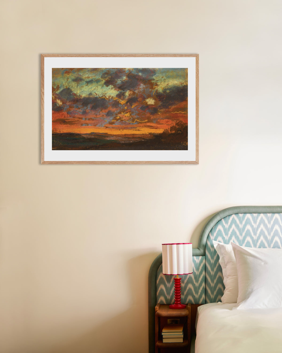 Poster Tramonto (circa 1868) di Claude Monet con cornice in legno naturale