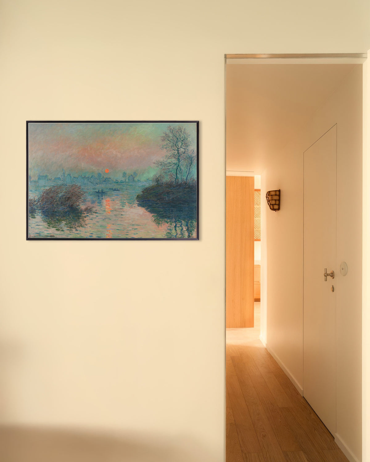 Poster Tramonto sulla Senna a Lavacourt, effetto invernale (1880) di Claude Monet con cornice in metallo
