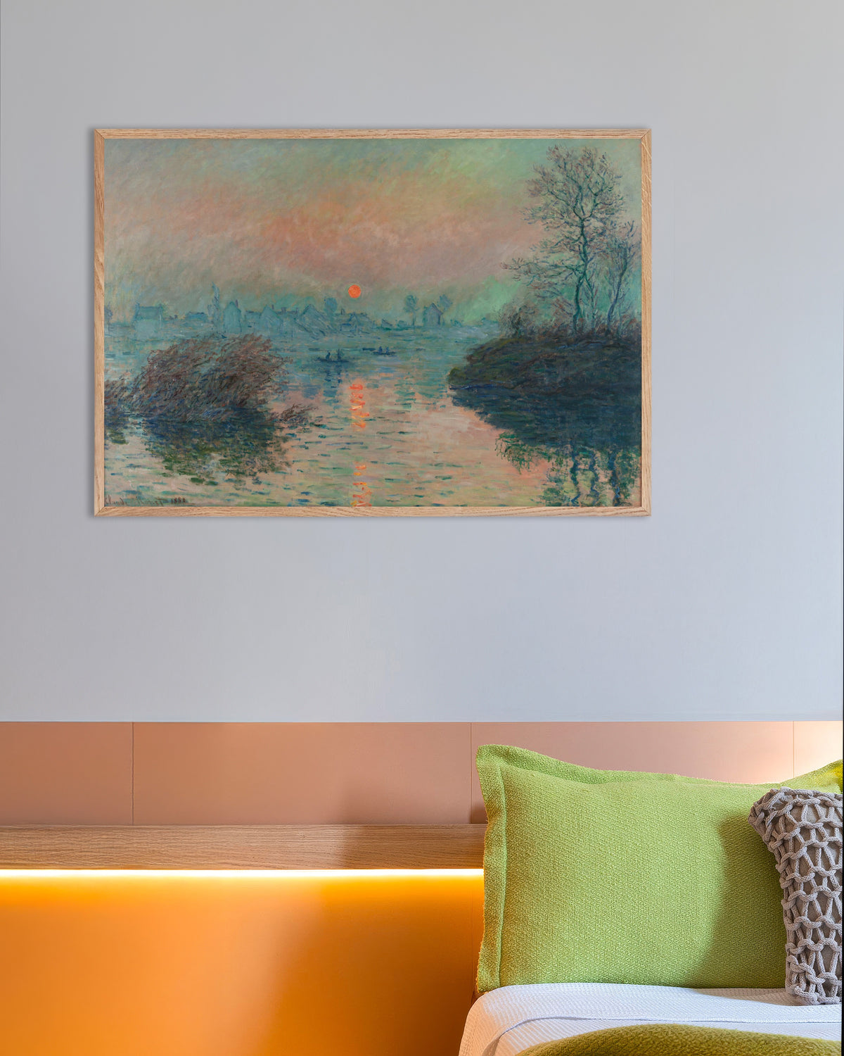 Poster Tramonto sulla Senna a Lavacourt, effetto invernale (1880) di Claude Monet con cornice in legno naturale