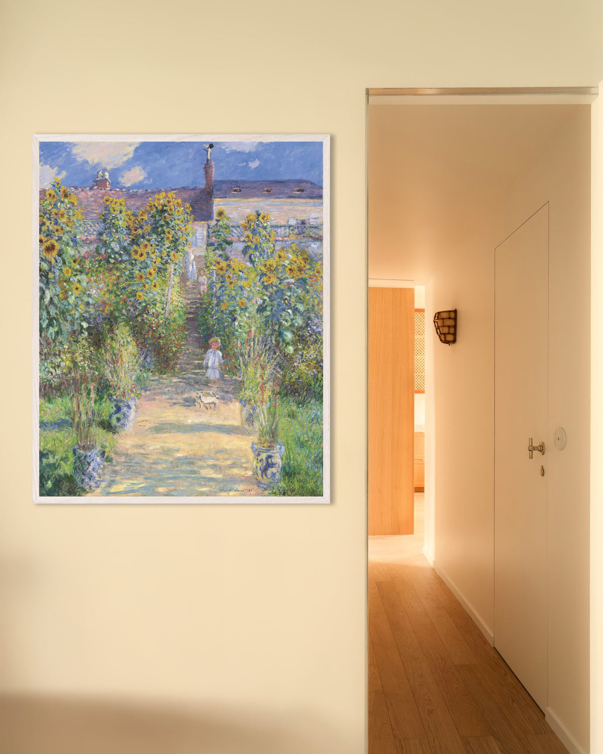 Poster Il giardino dell'artista a Vétheuil (1881) di Claude Monet con cornice in legno bianco