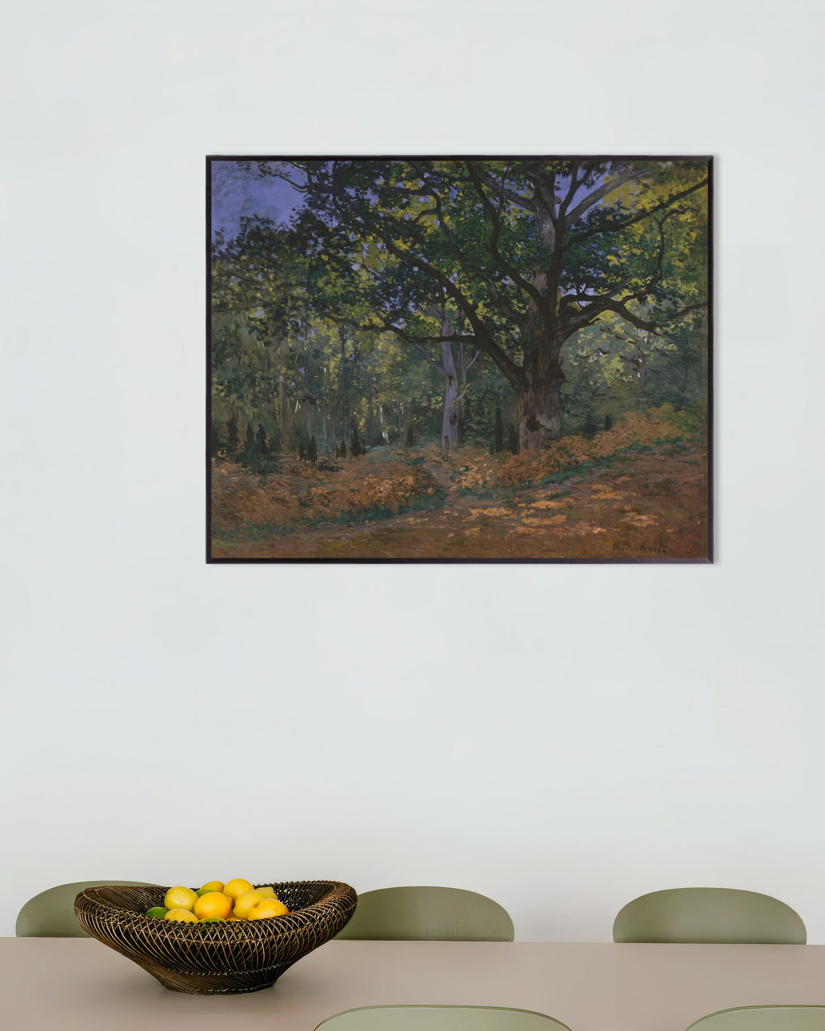 Poster La quercia di Bodmer, foresta di Fontainebleau (1865) di Claude Monet con cornice in metallo