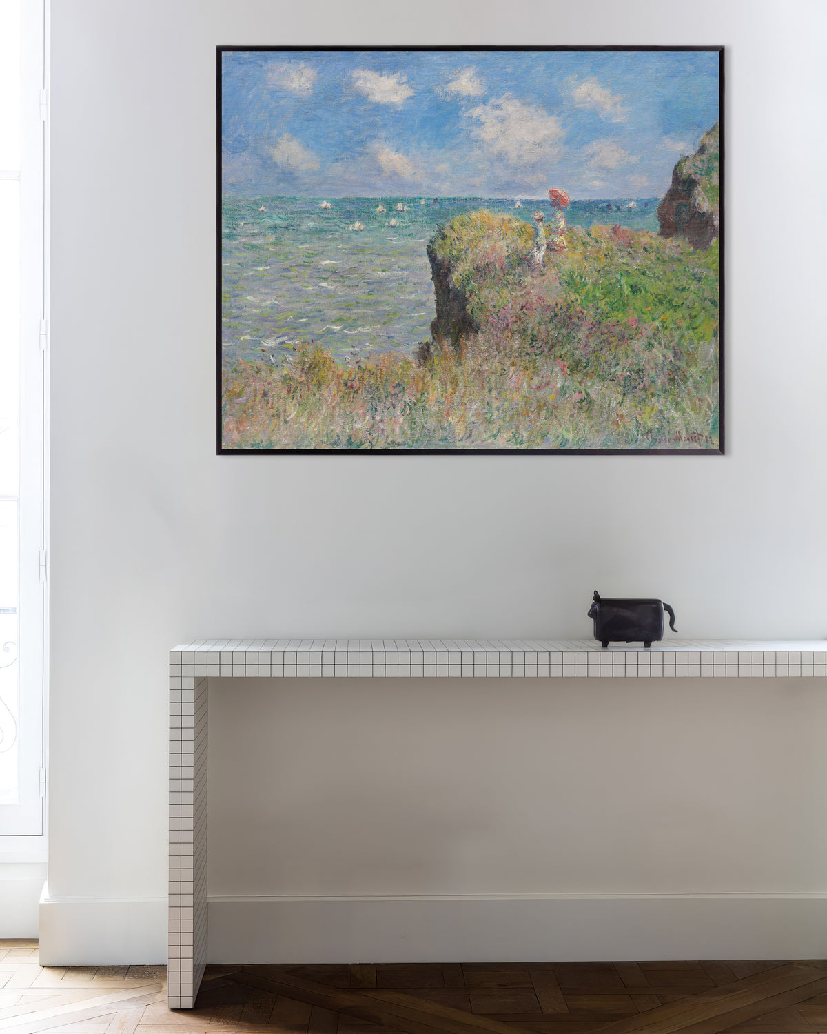 Poster Passeggiata sulla scogliera a Pourville (1882) di Claude Monet con cornice in metallo