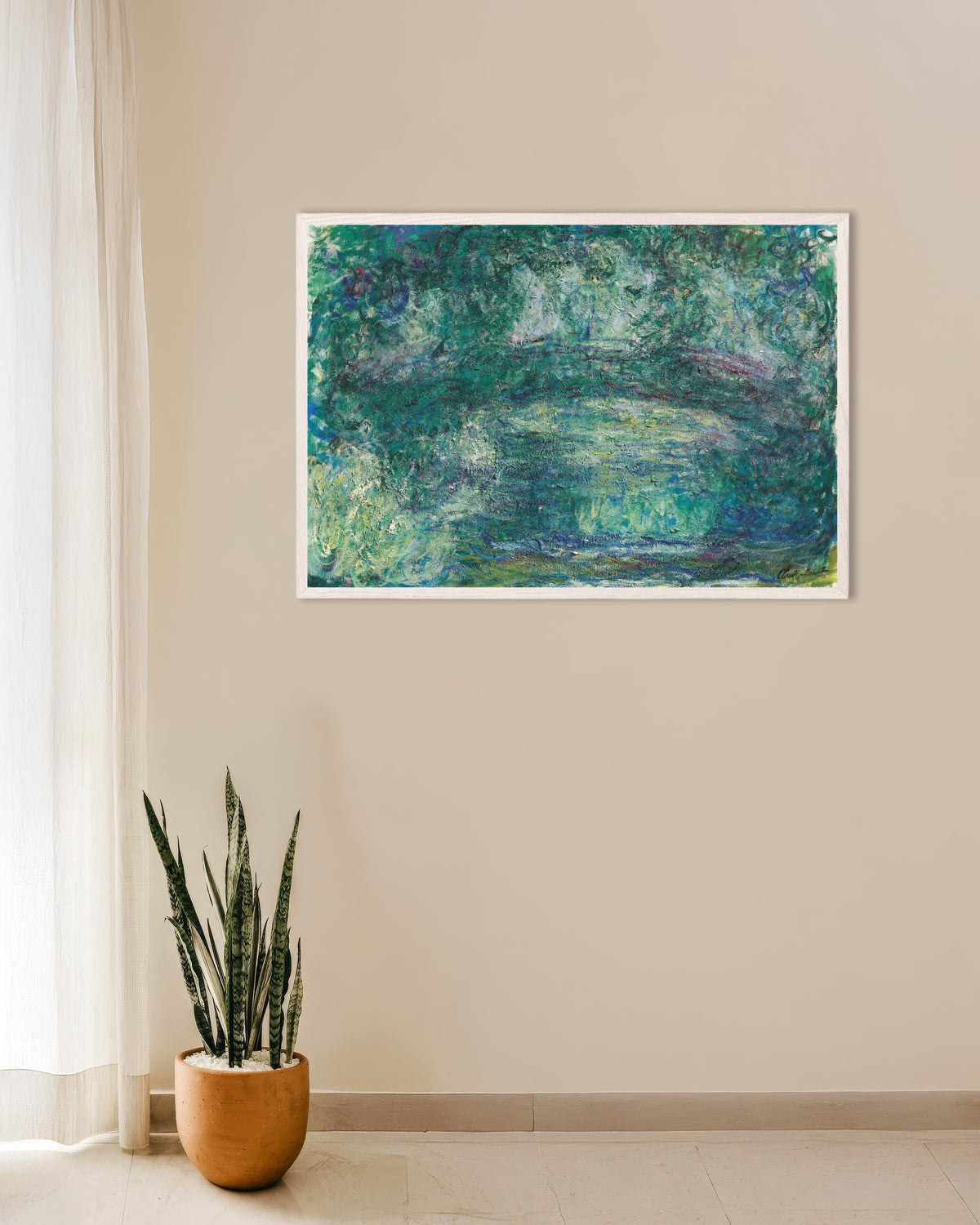 Poster Il ponte giapponese (1918–1924) di Claude Monet con cornice in legno bianco