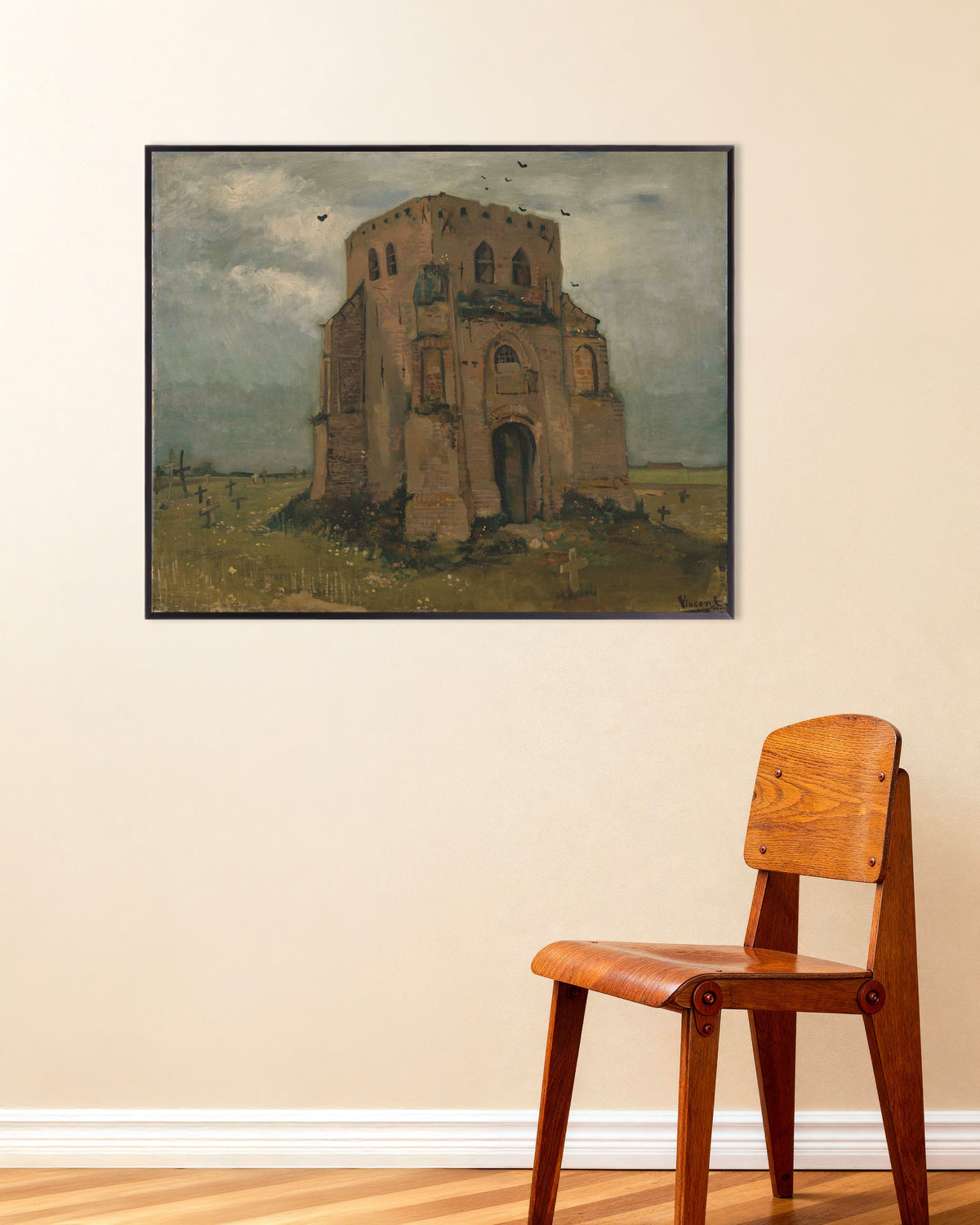 Poster dell’opera La vecchia torre della chiesa di Nuenen (1885) di Vincent van Gogh, con cornice metallica