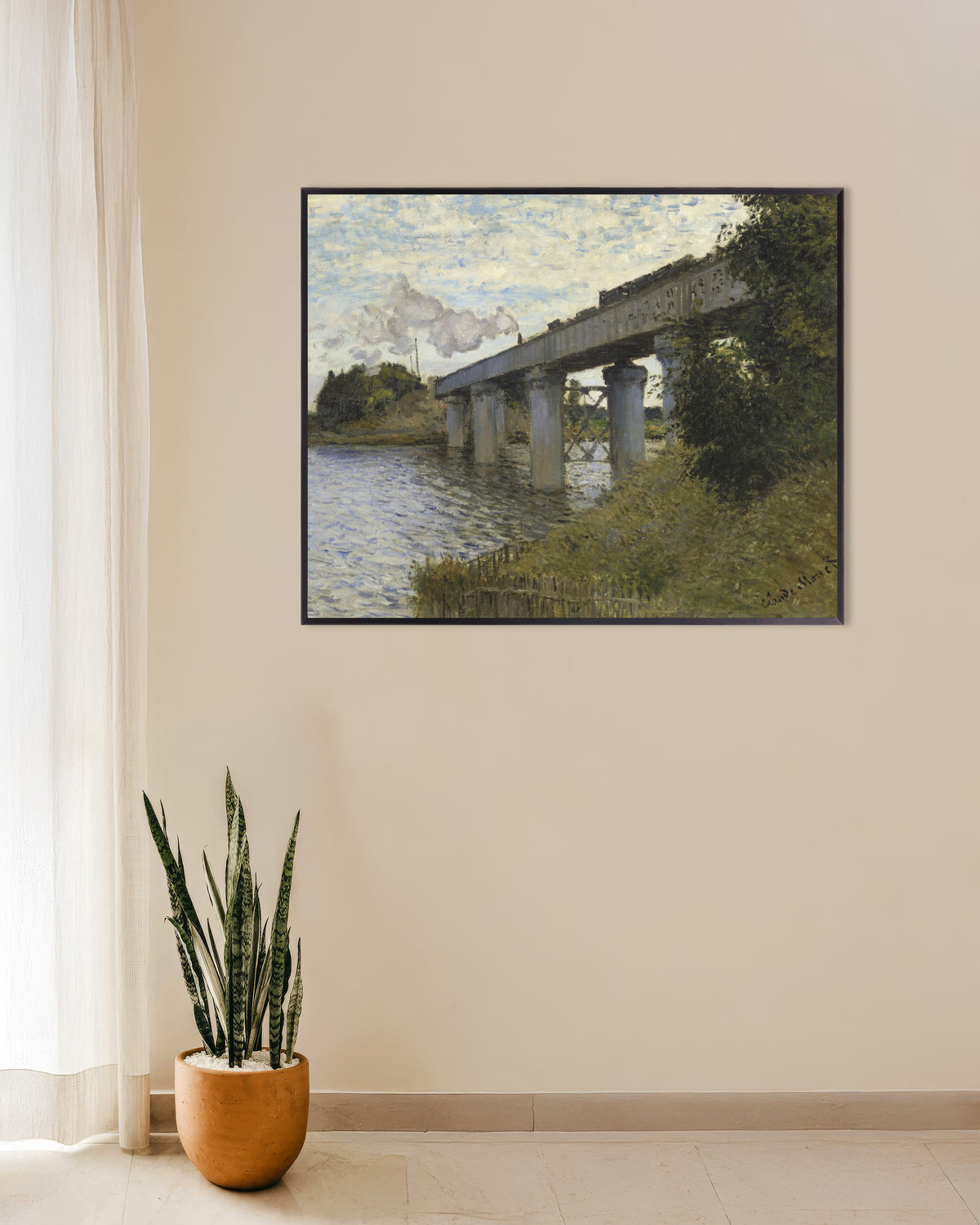 Poster Il ponte ferroviario ad Argenteuil (1873–1874) di Claude Monet con cornice in metallo
