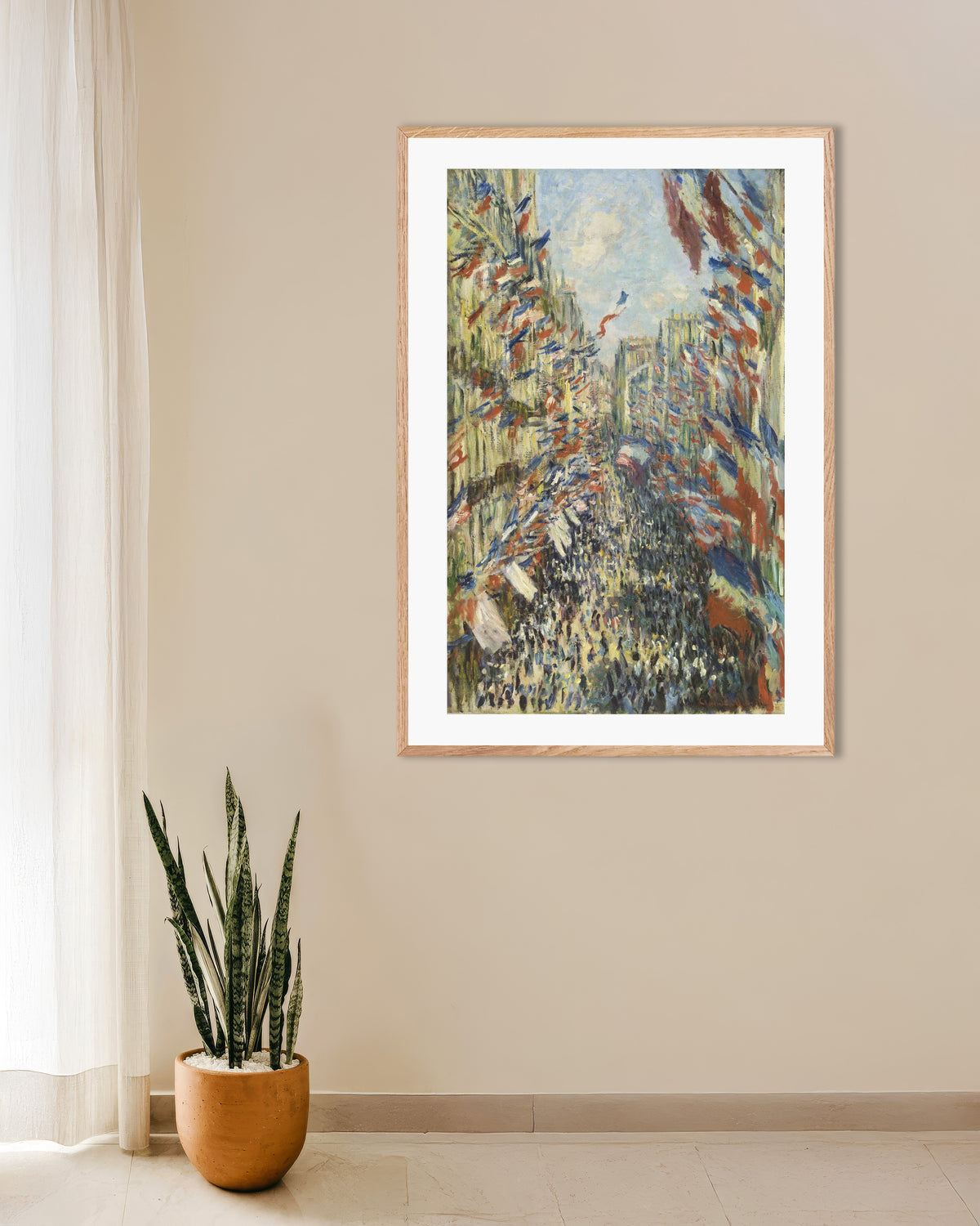 Poster La Rue Montorgueil a Parigi, festa del 30 giugno 1878 di Claude Monet con cornice in legno naturale