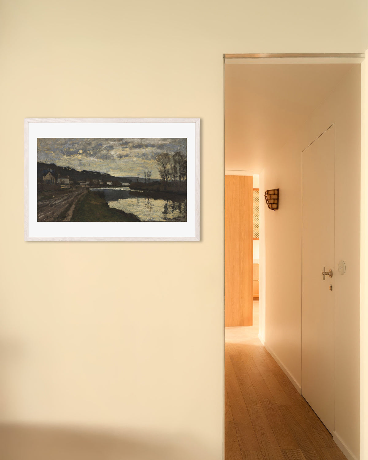 Poster La Senna a Bougival (1870) di Claude Monet con cornice in legno bianco