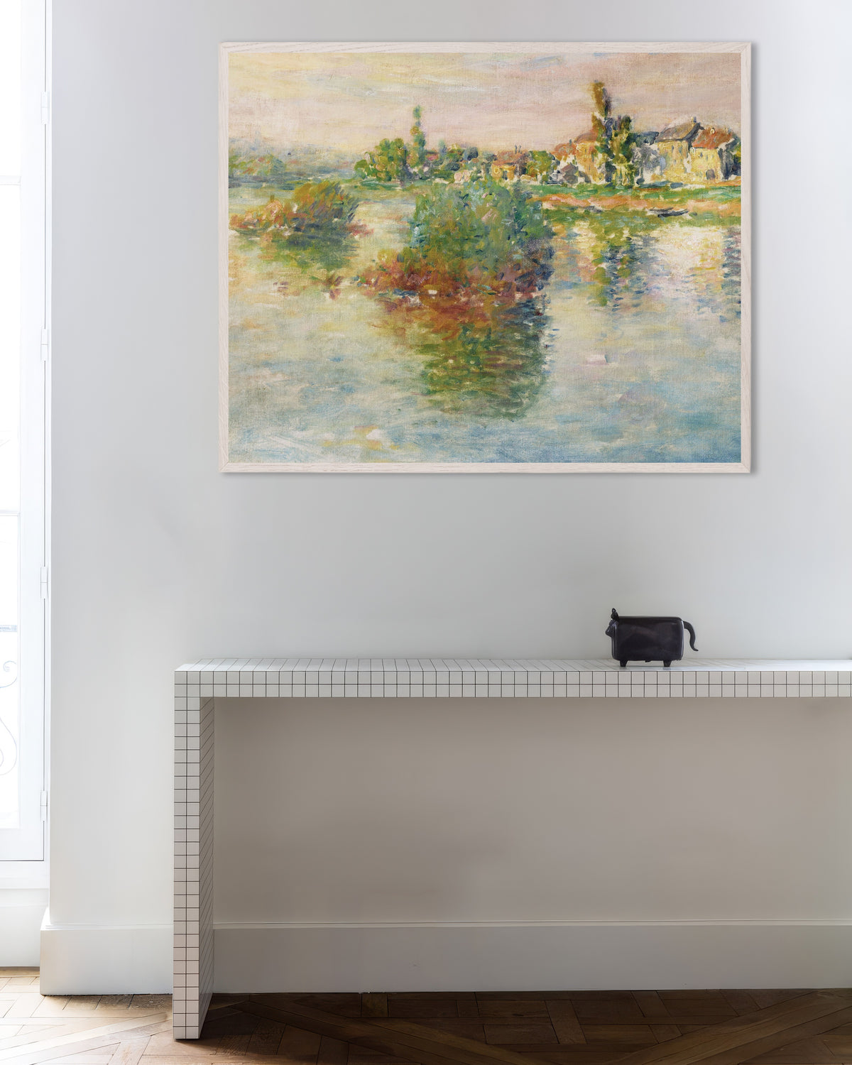 Poster La Senna a Lavacourt (1879) di Claude Monet con cornice in legno bianco