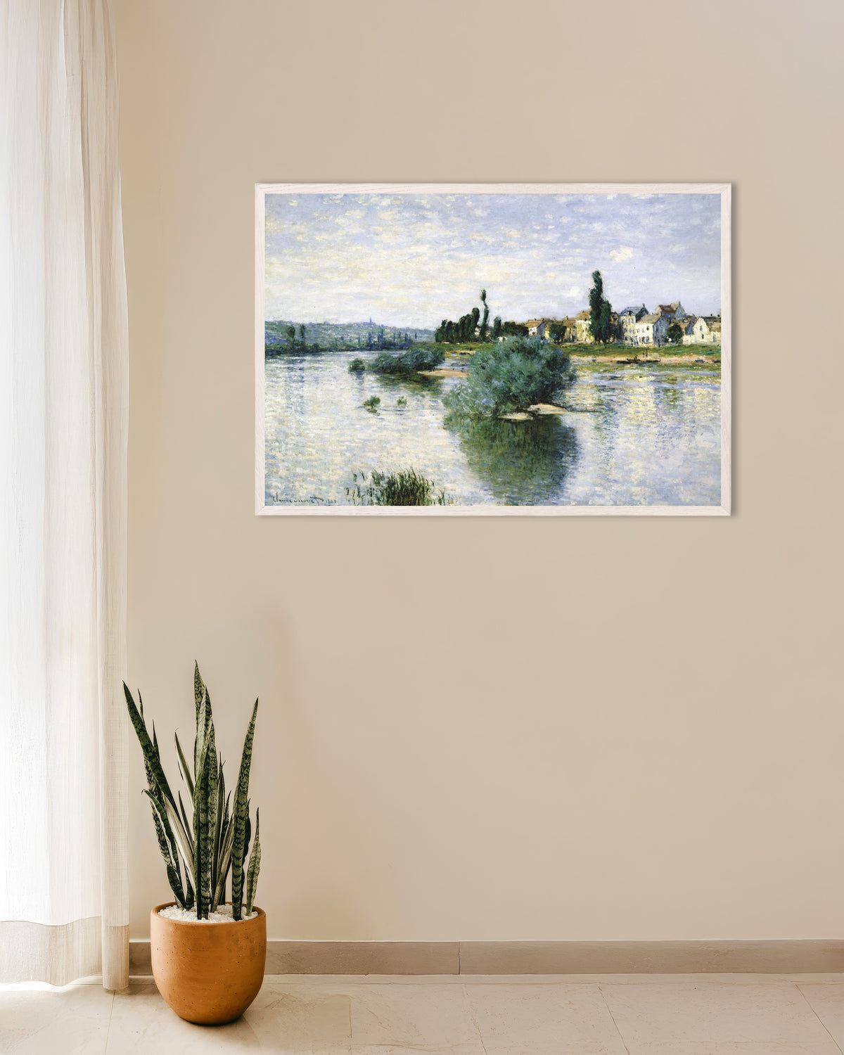 Poster La Senna a Lavacourt (1880) di Claude Monet con cornice in legno bianco