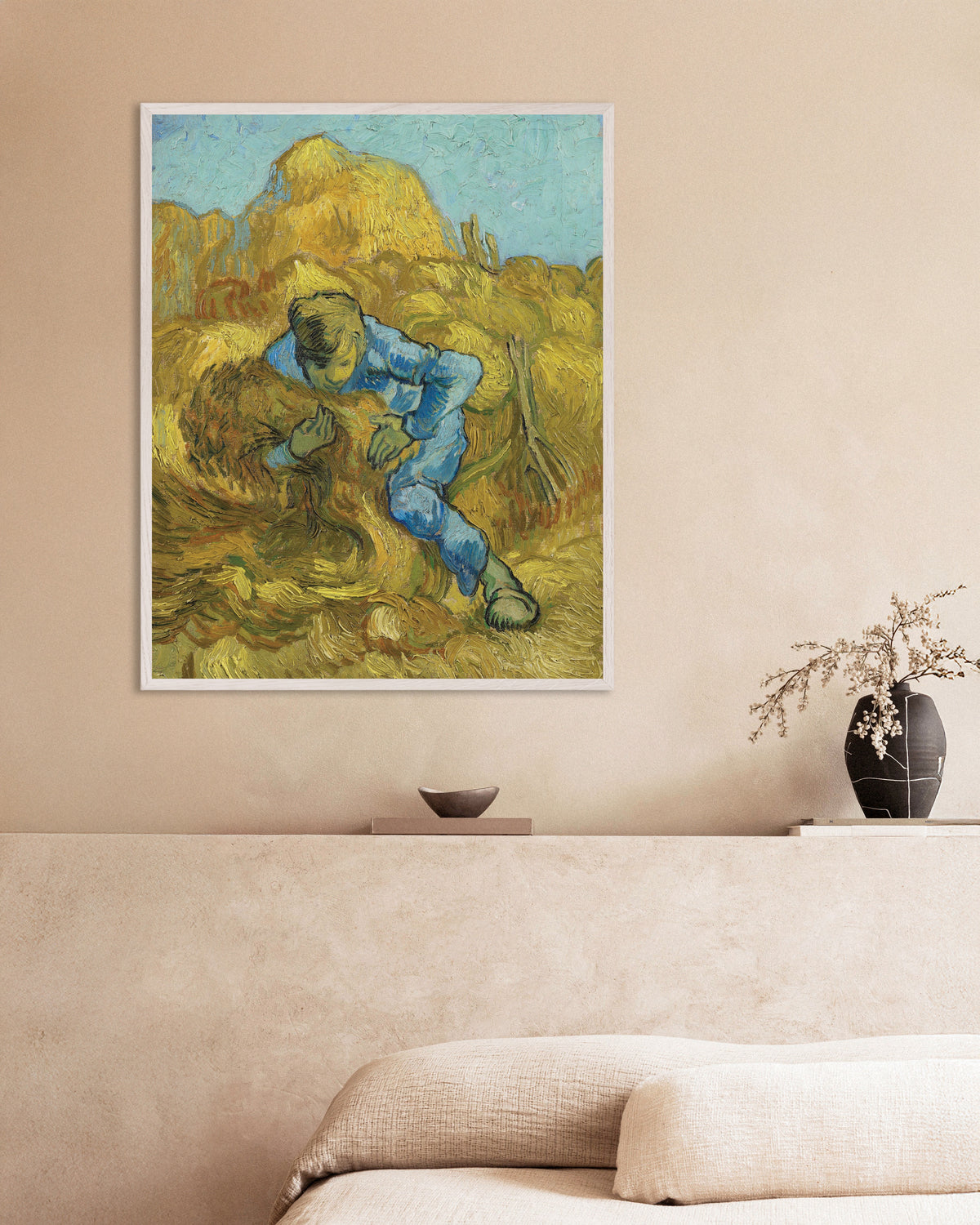 Poster di Il legatore di covoni, da Millet (1889), di Vincent van Gogh, con cornice in legno bianco
