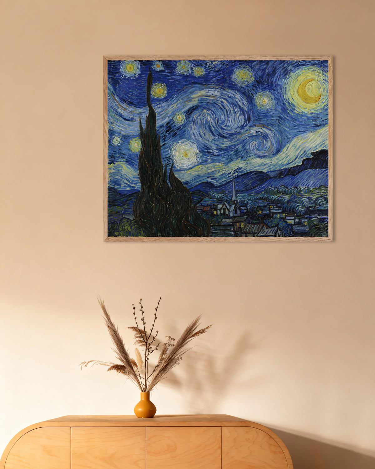 Poster «Notte stellata» (1889) di Vincent van Gogh, con cornice in legno naturale