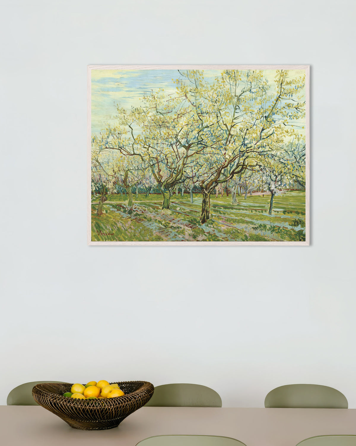 Poster de Il frutteto bianco (1888) di Vincent van Gogh, con cornice in legno bianco
