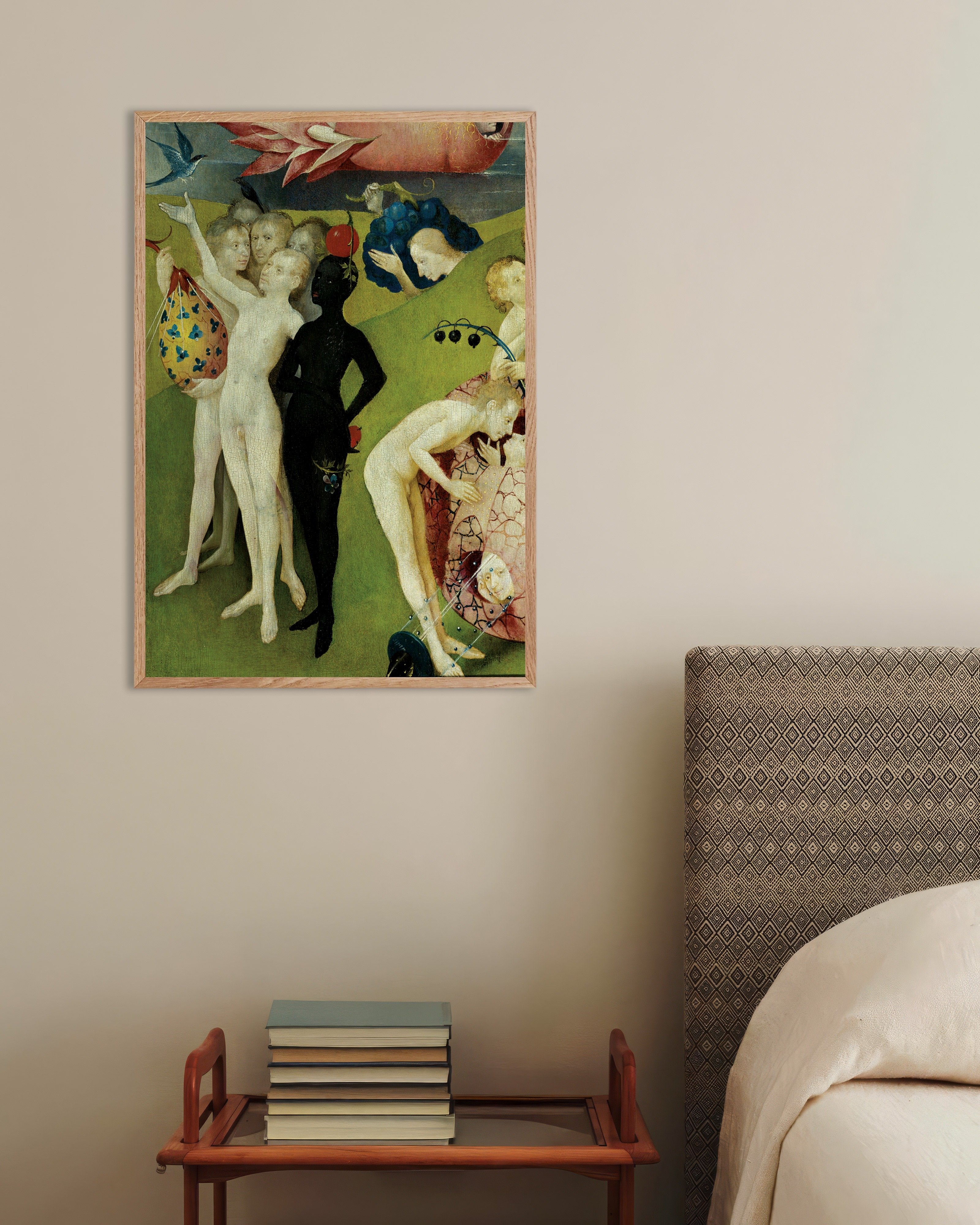 Poster of The woman with the fruit head - Detail from The Garden of Earthly Delights, with natural wooden frame