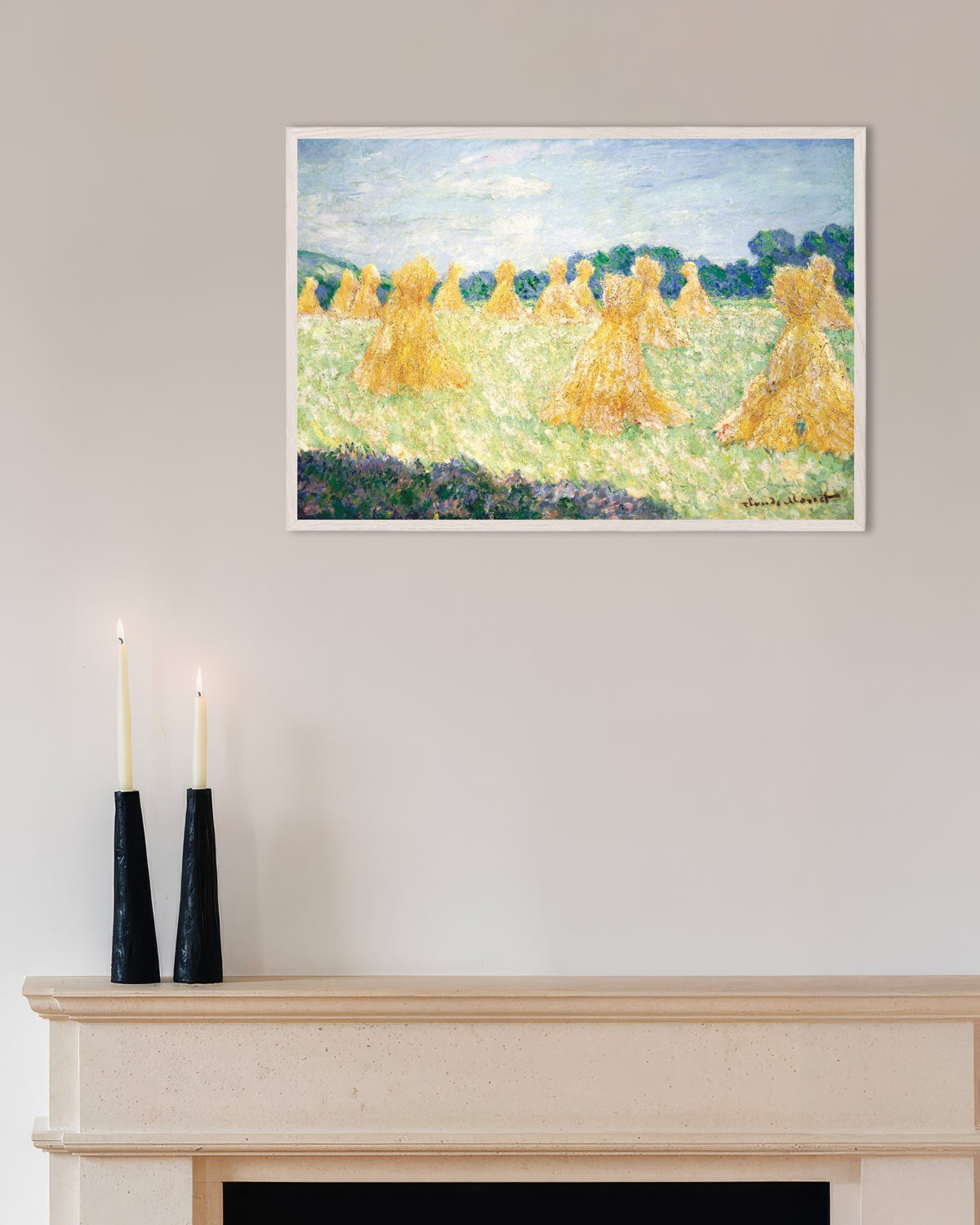 Poster Le signorine di Giverny, effetto di sole (1894) di Claude Monet con cornice in legno bianco