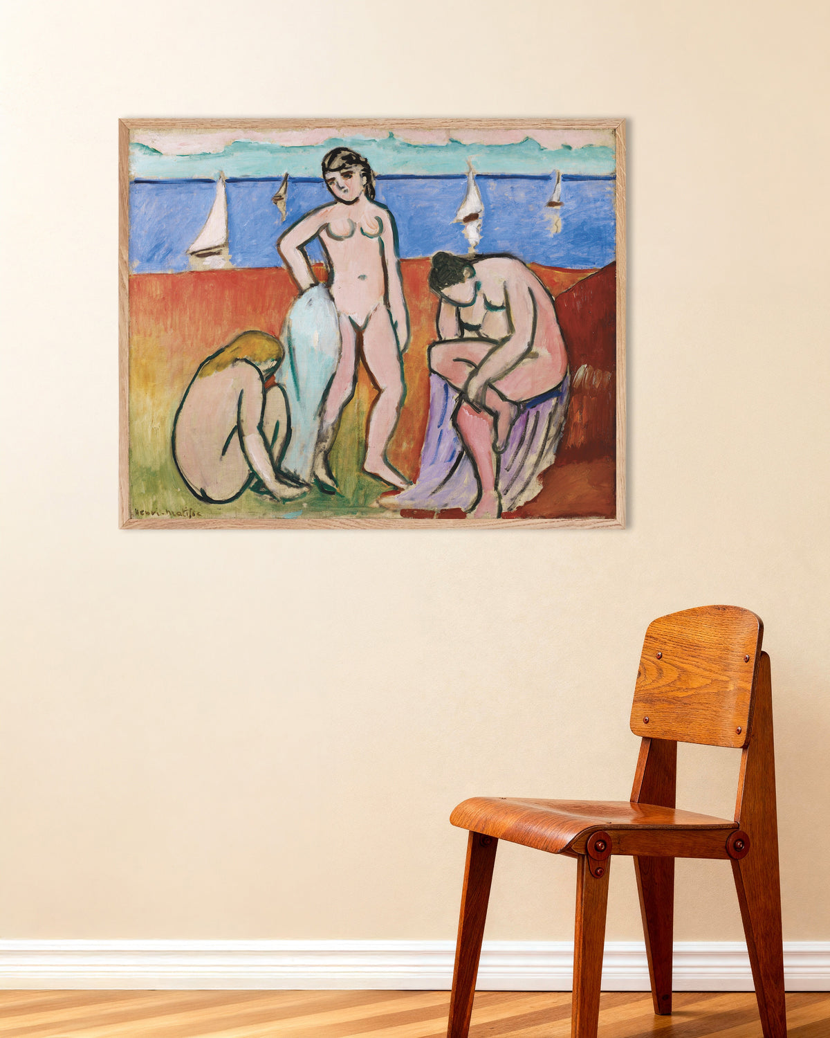 Poster di Tre bagnanti (1907) di Henri Matisse, con cornice in legno naturale