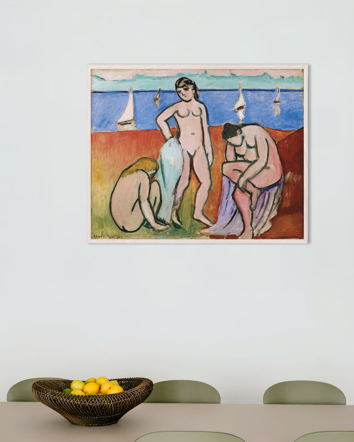 Poster di Tre bagnanti (1907) di Henri Matisse, con cornice in legno bianco