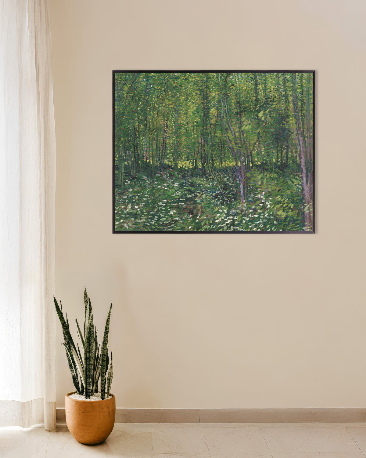 Poster di Alberi e sottobosco (1887) di Vincent van Gogh, con cornice in metallo