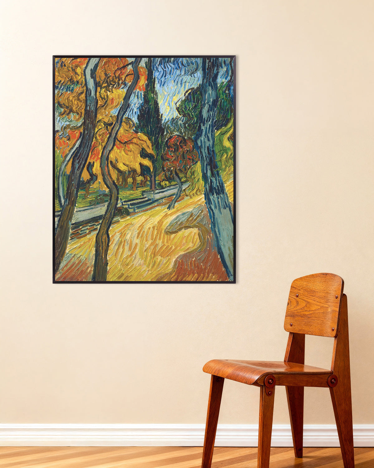 Poster di Alberi nel giardino del manicomio (1889) di Vincent van Gogh, con cornice in metallo