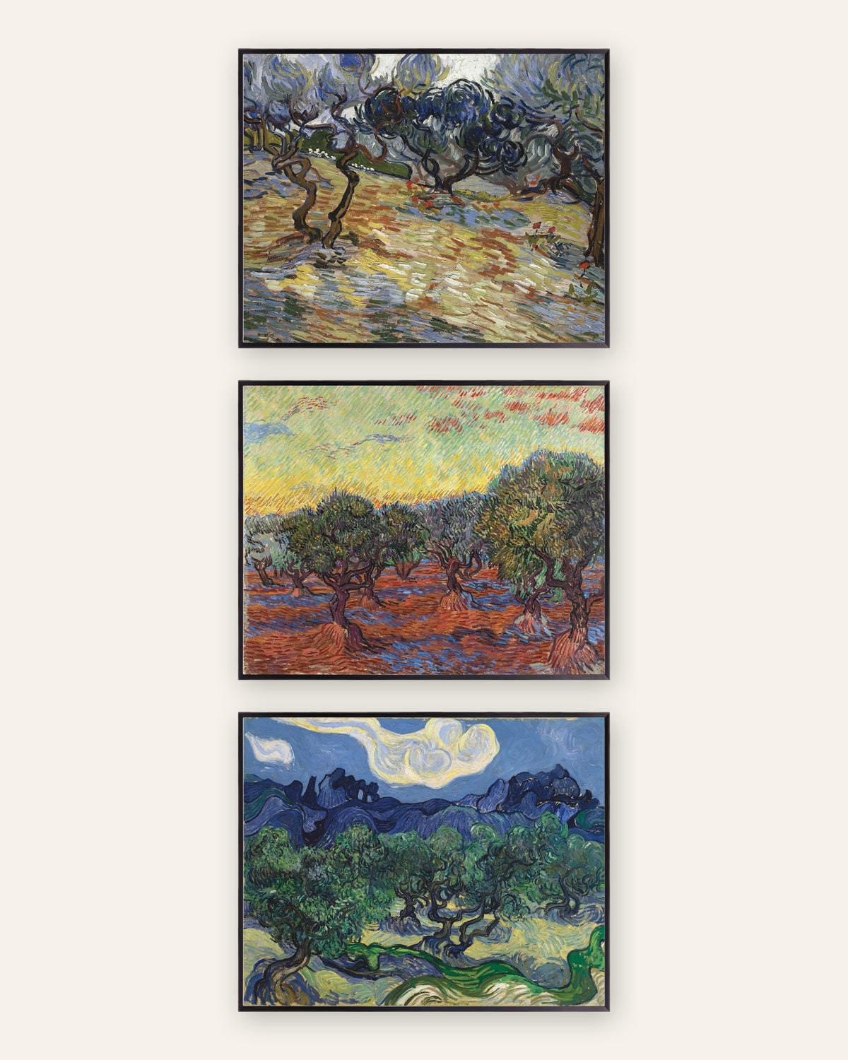 Poster Van Gogh ulivi, set da 3: gli uliveti di Saint-Rémy, con cornici in metallo nero