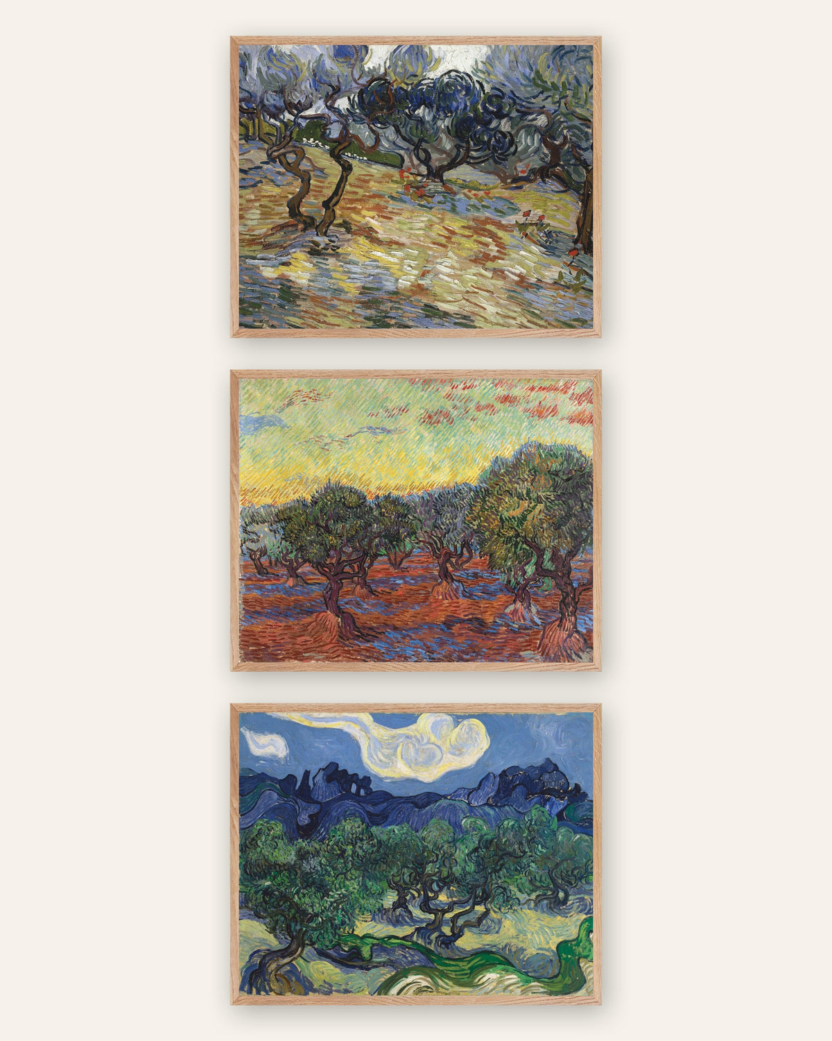 Poster Van Gogh ulivi, set da 3: gli uliveti di Saint-Rémy, con cornici in rovere naturale