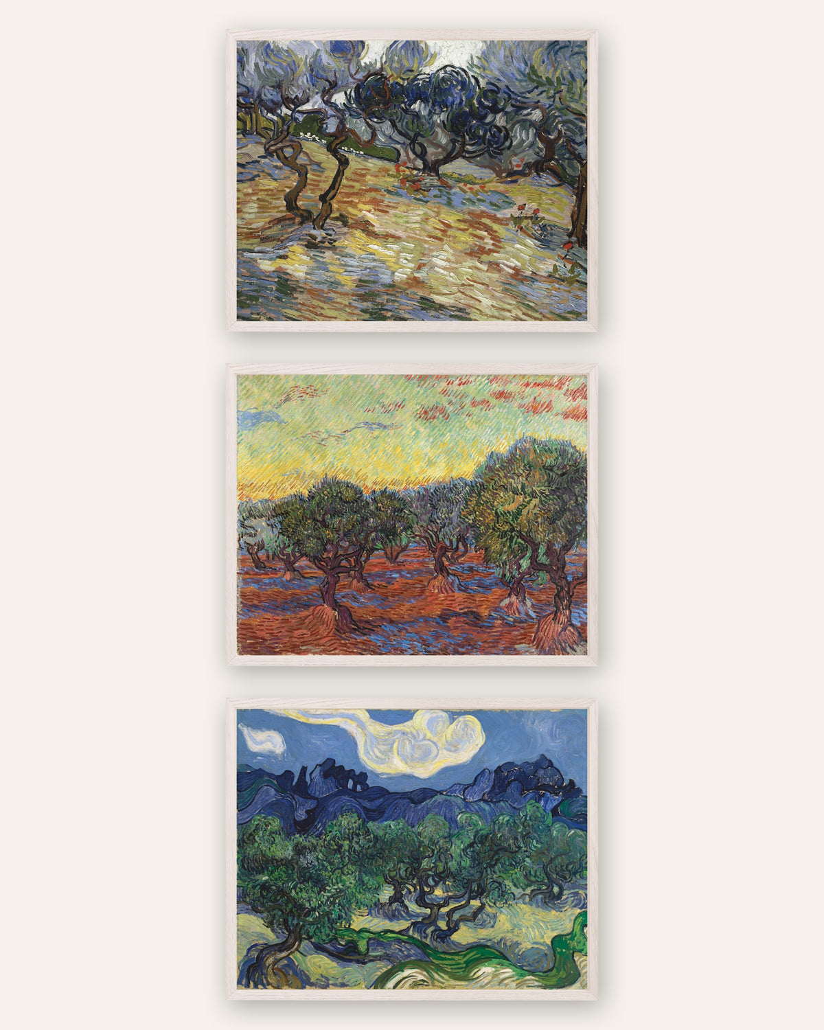 Poster Van Gogh ulivi, set da 3: gli uliveti di Saint-Rémy, con cornici in rovere bianco