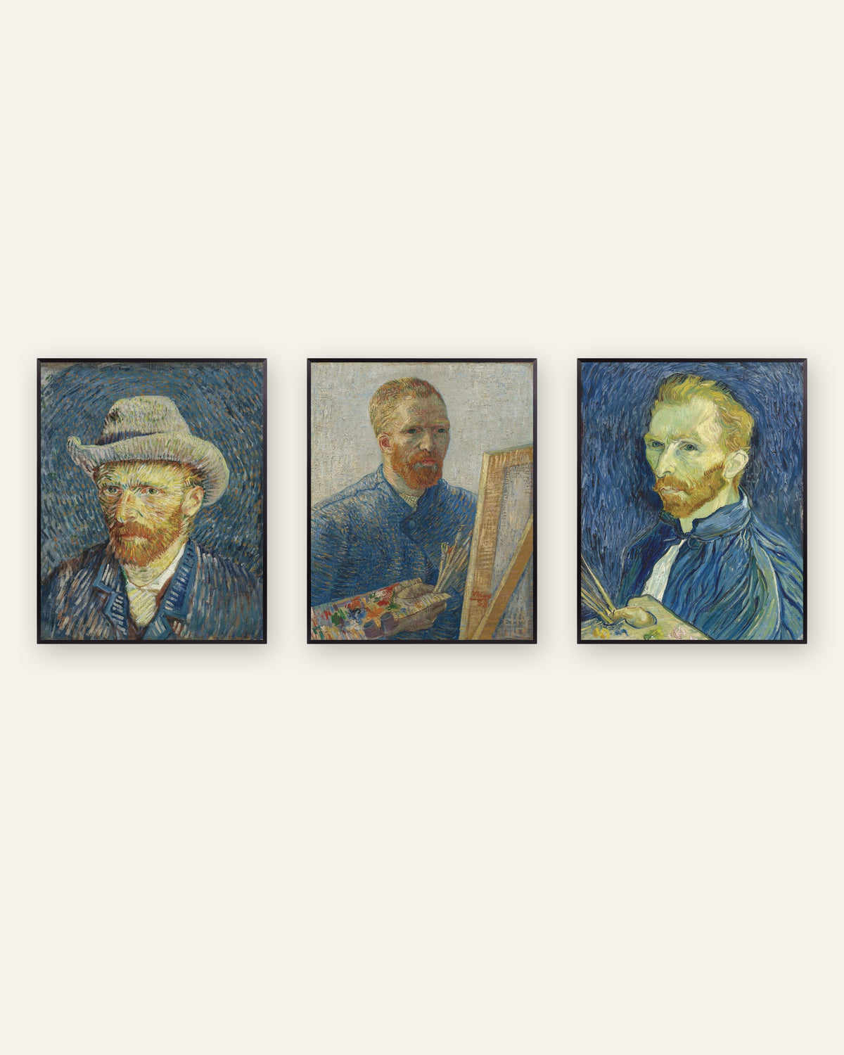 Poster autoritratti di Van Gogh, set da 3: da Parigi a Saint-Rémy, con cornici in metallo nero