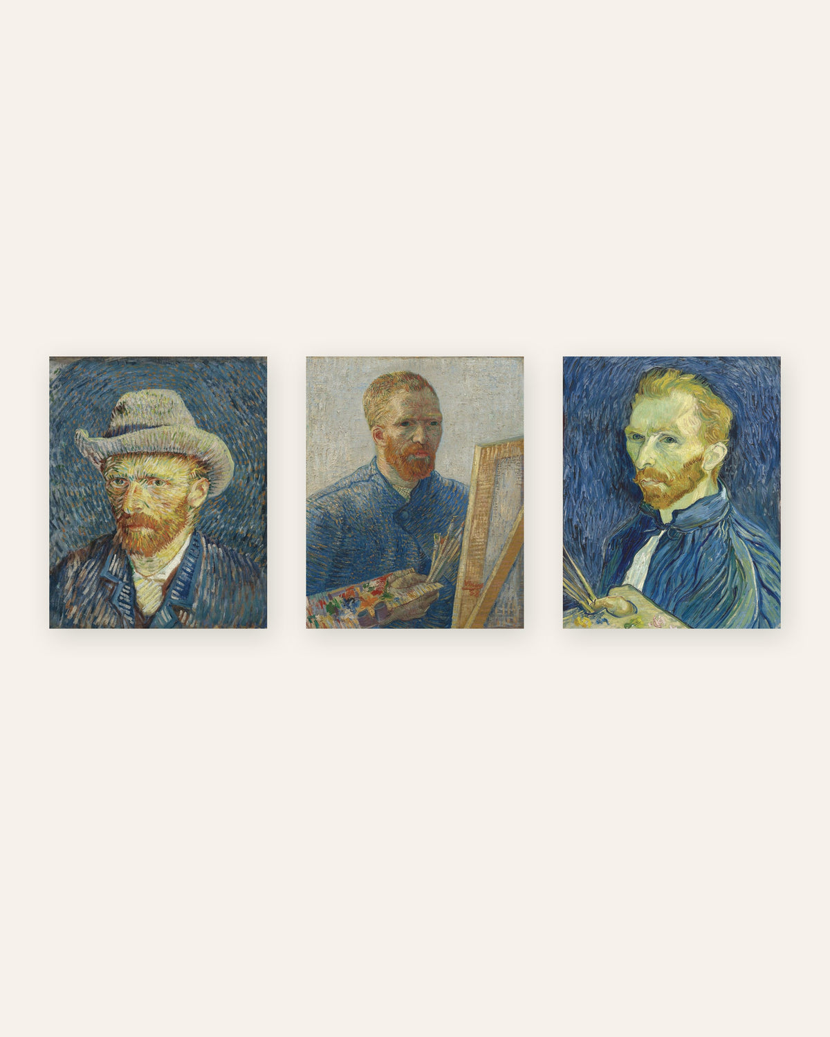 Poster autoritratti di Van Gogh, set da 3: da Parigi a Saint-Rémy, senza cornice
