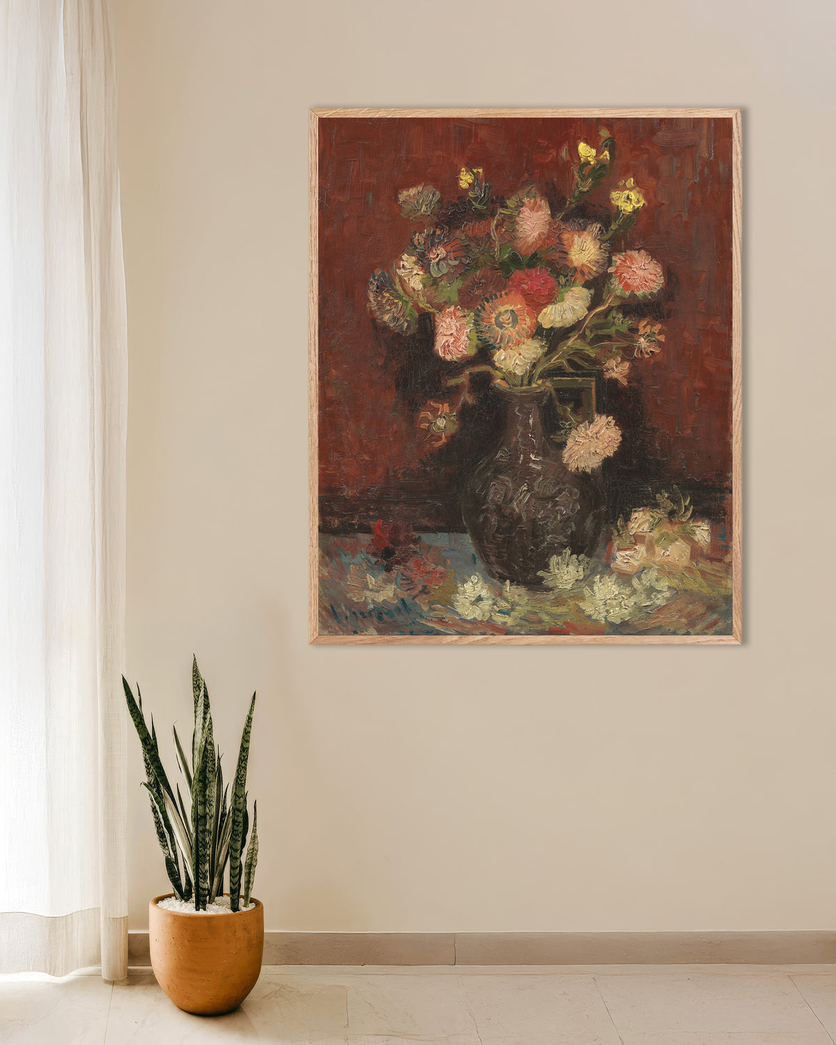 Poster di Vaso con astri cinesi e gladioli (1886) di Vincent van Gogh, con cornice in legno naturale